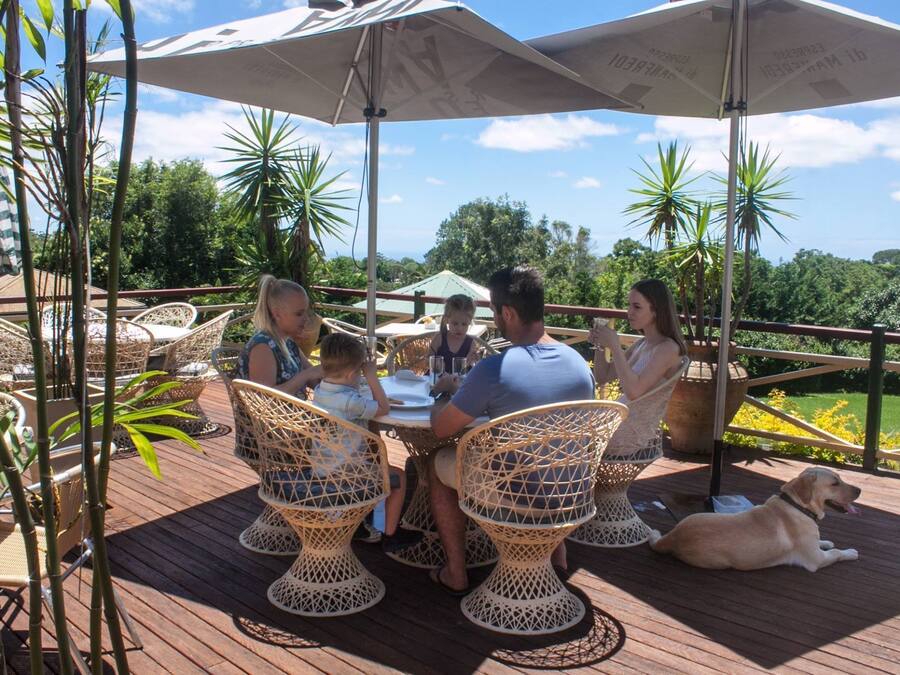 A family dining at an outdoor table with wicker chairs, surrounded by bamboo plants and a view of the landscape.