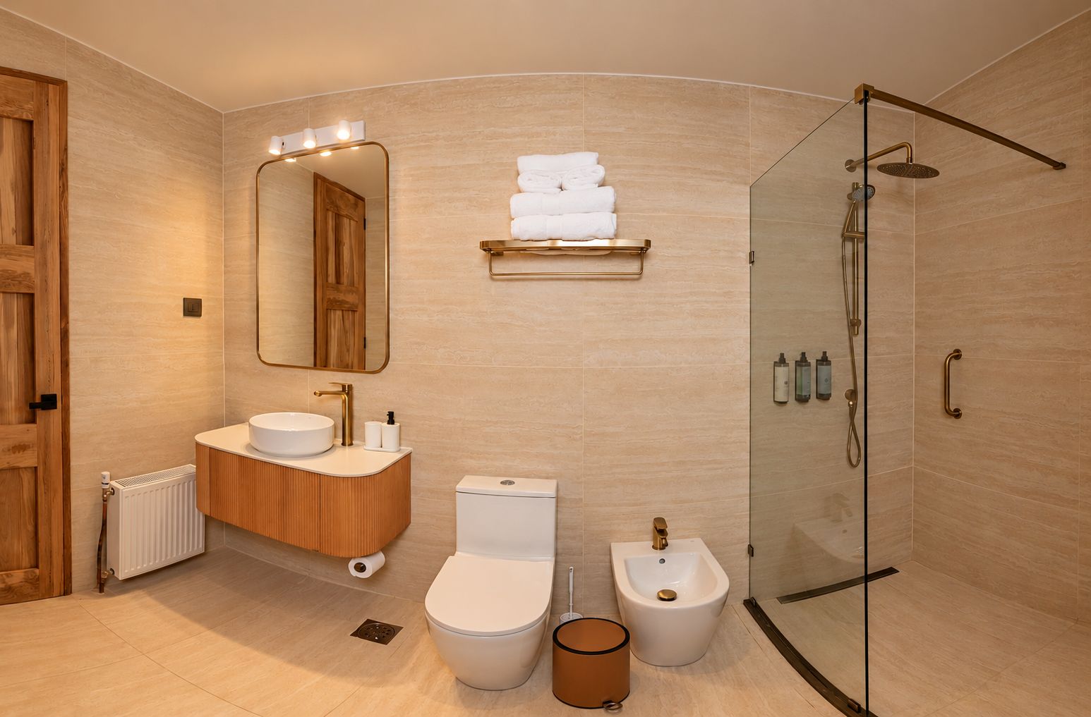 A modern bathroom with a wooden vanity, a toilet, bidet, and a glass-enclosed shower.