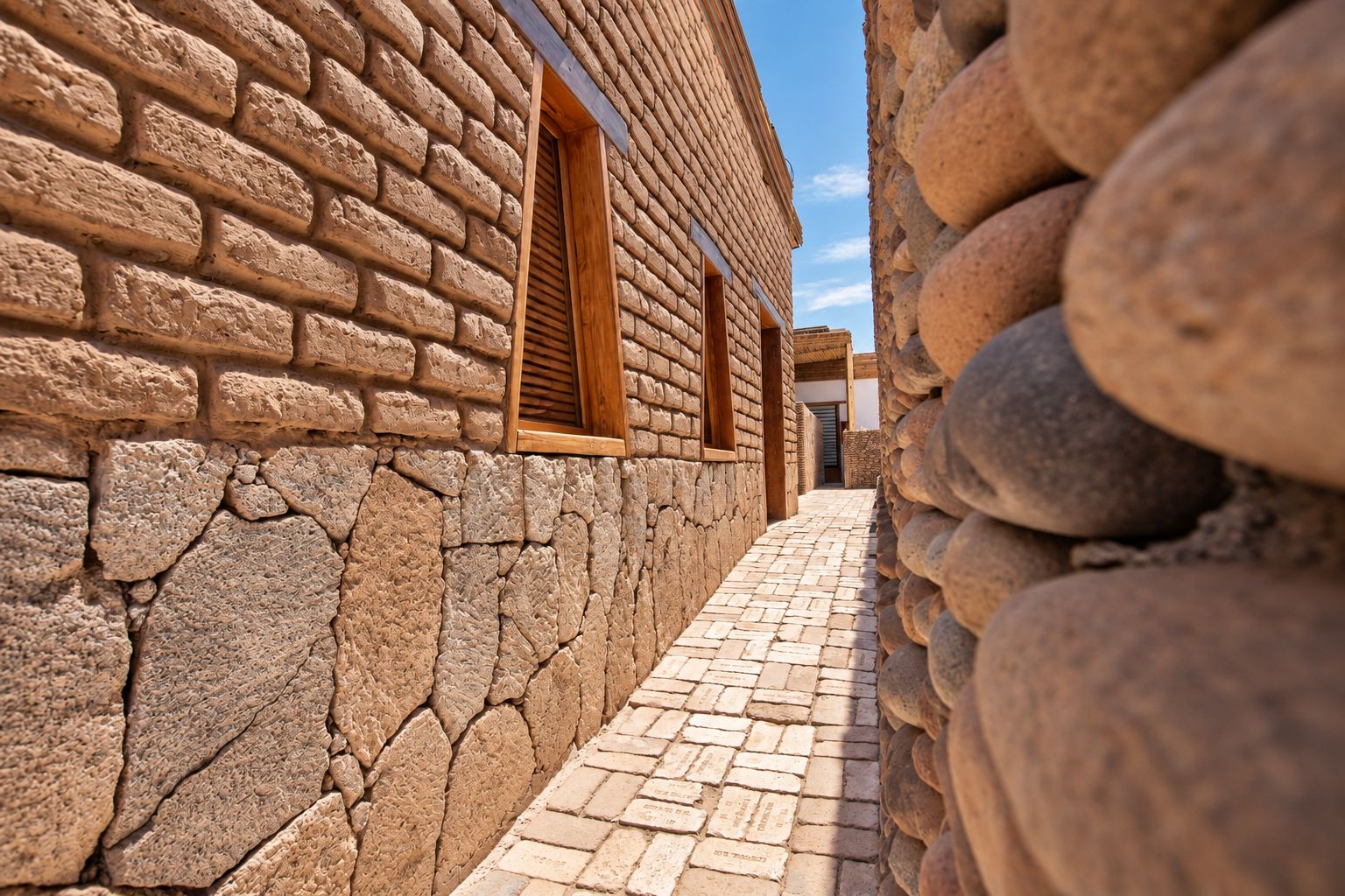Un estrecho sendero de piedra que conduce a un edificio con ventana de madera y pared de piedra.