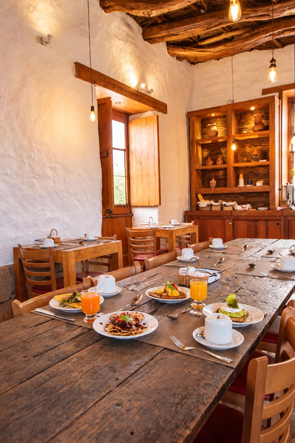 A rustic dining area with wooden tables and chairs, a large wooden cabinet with dishes, and a rustic ceiling.