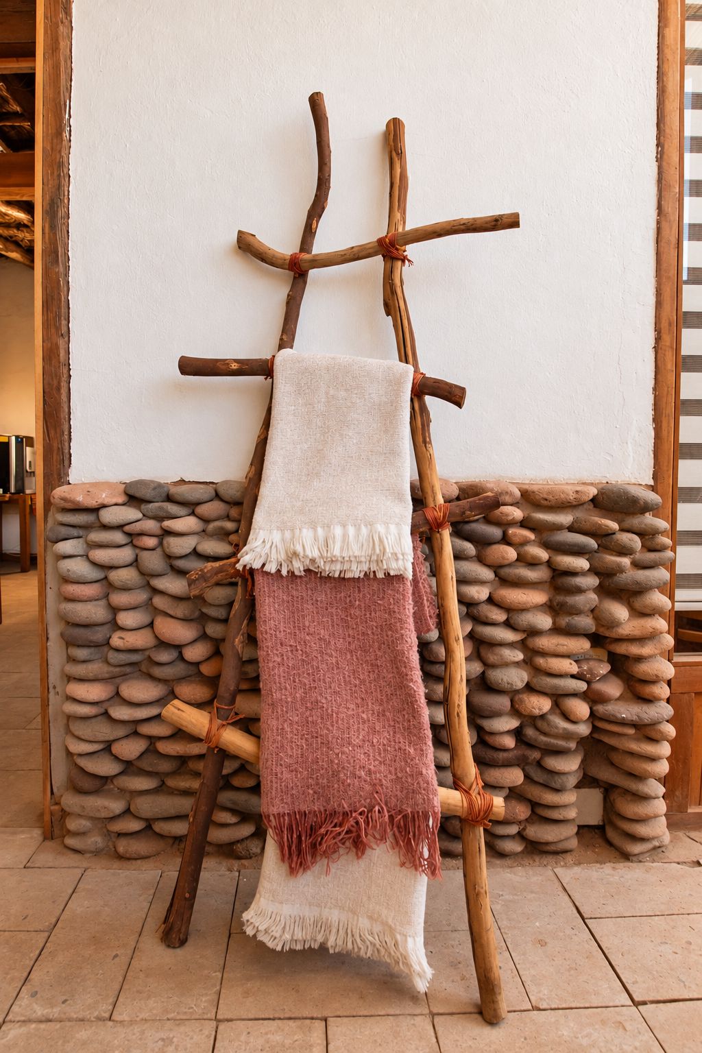 A rustic wooden easel with a white and pink fabric draped over it, positioned against a wall with a stone wall backdrop.