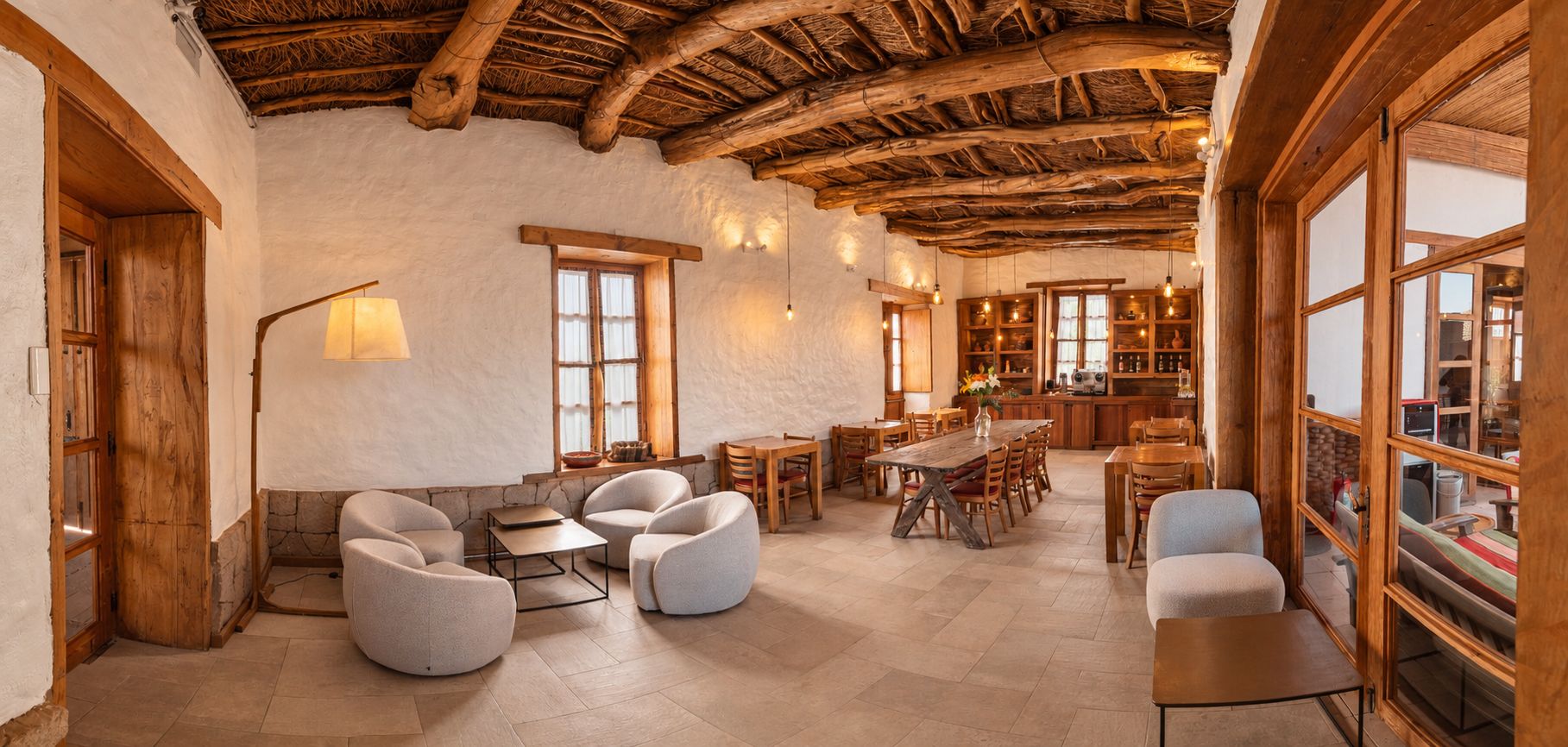 Un interior rústico con comedor, asientos y cocina visible a través de un arco.