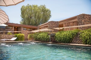 Outdoor pool, pool umbrellas, sun loungers