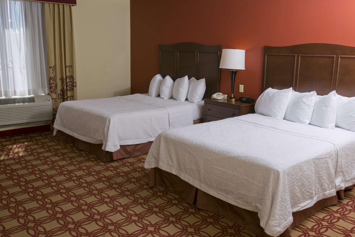A hotel room with two beds, a nightstand with a lamp, and a patterned carpet.