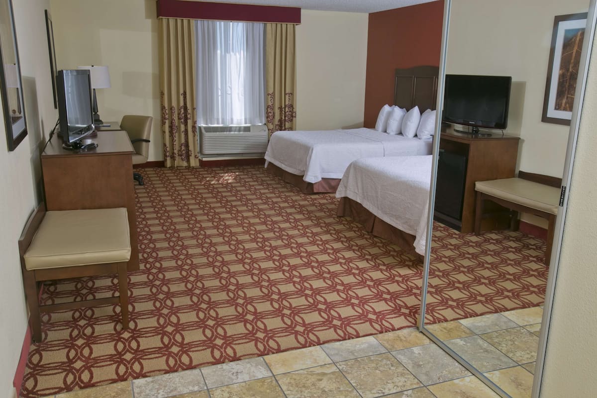 A hotel room with two beds, a desk with a chair, a television, and a mirror.