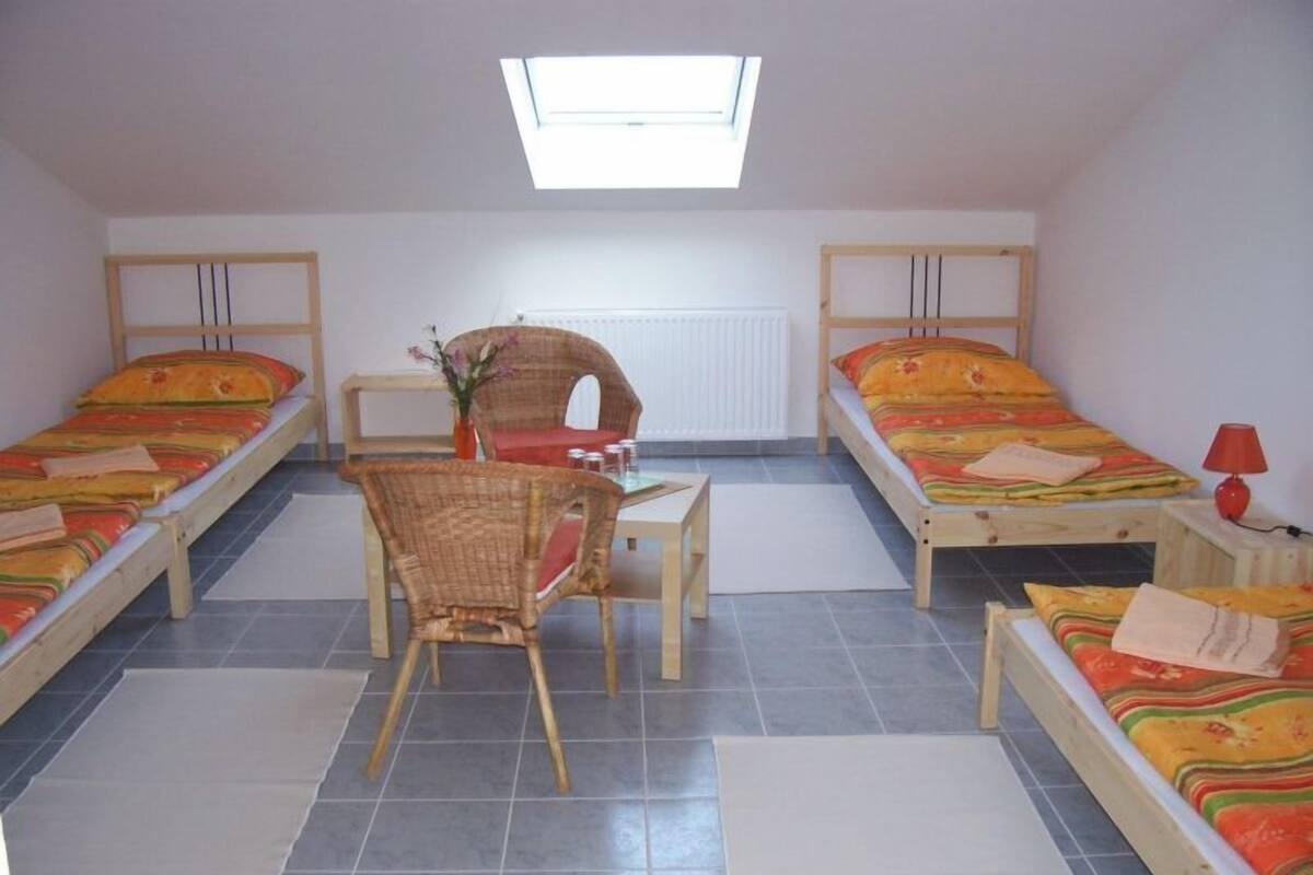 A dormitory room with two single beds, a desk, a chair, a radiator, and a skylight.