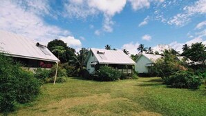 A row of small, single-story houses with metal roofs, surrounded by lush greenery and a clear blue sky. - Gina's Garden Lodges (Aitutaki)