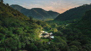Surrounded by lush greenery, this tranquil valley features traditional-style buildings with sloped roofs.
