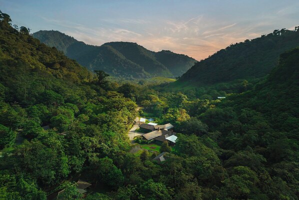 A secluded resort nestled in a lush valley with multiple buildings surrounded by dense forest. - El Silencio Lodge and Spa (Toro Amarillo)