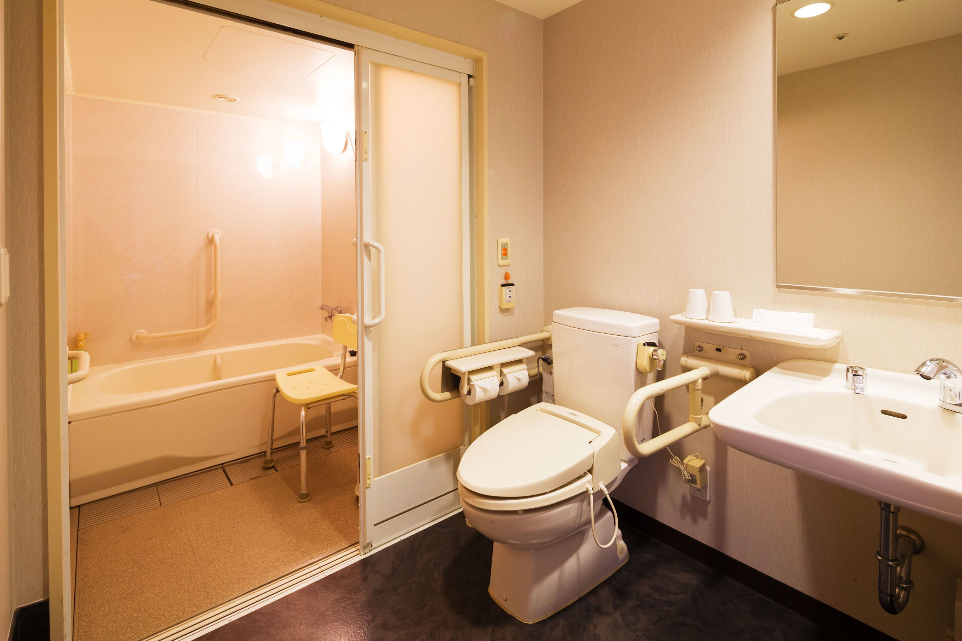 barrier-free twin room, non-smoking | bathroom | hair dryer, slippers, electronic bidet, towels