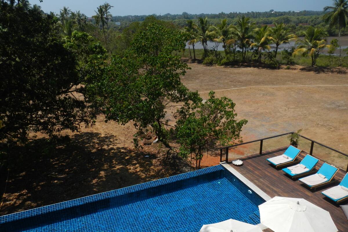 A swimming pool with lounge chairs and umbrellas, surrounded by trees and a view of a beach and palm trees.