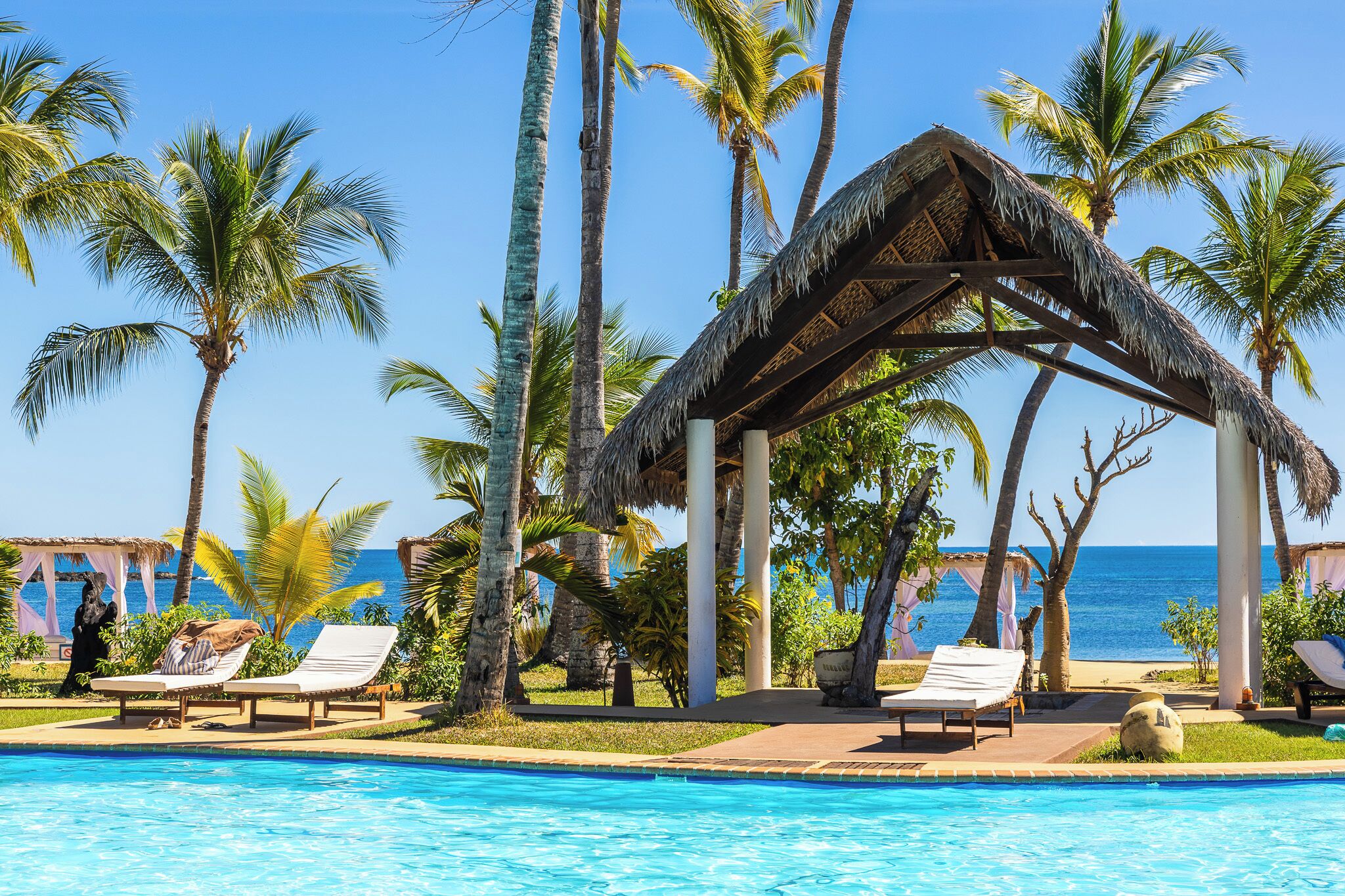Outdoor pool, pool umbrellas, sun loungers