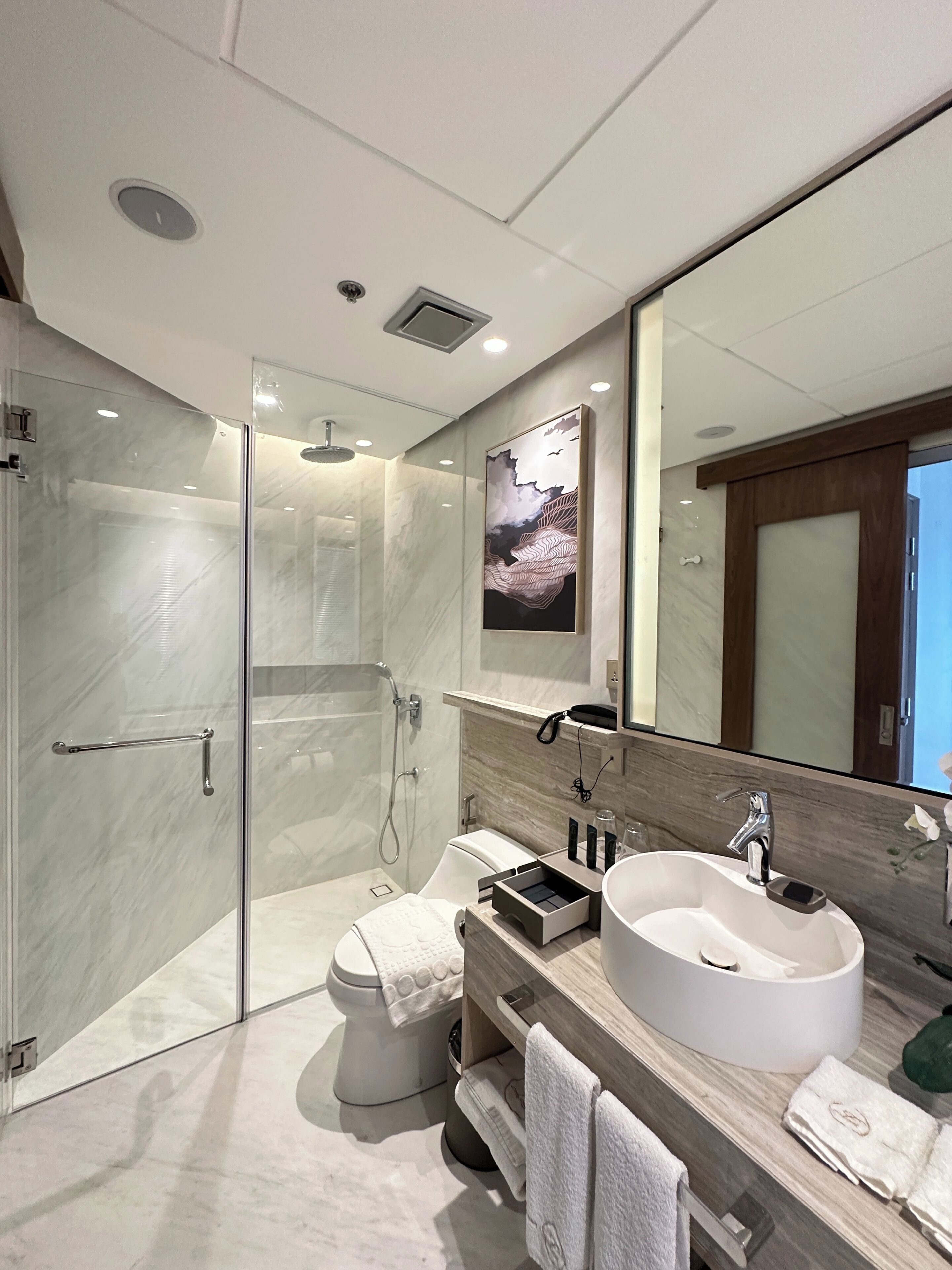A modern bathroom with a glass-enclosed shower, a large sink, and a mirror.