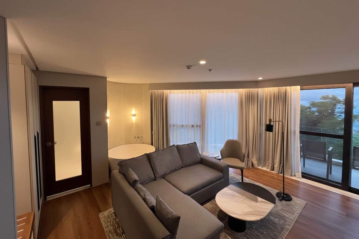 A modern living room with a sofa, armchair, and coffee table, large windows with curtains, and a view of the outdoors.
