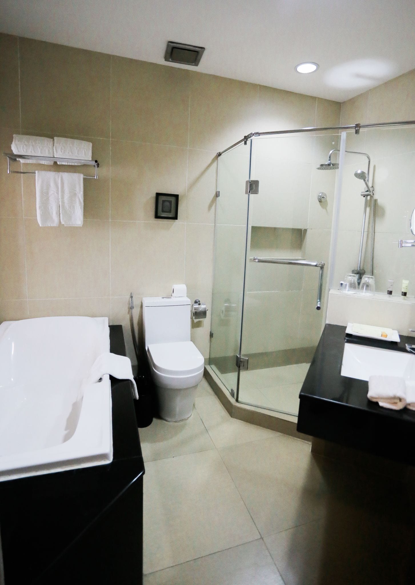 A modern bathroom with a glass-enclosed shower, a toilet, and a sink with a black countertop.