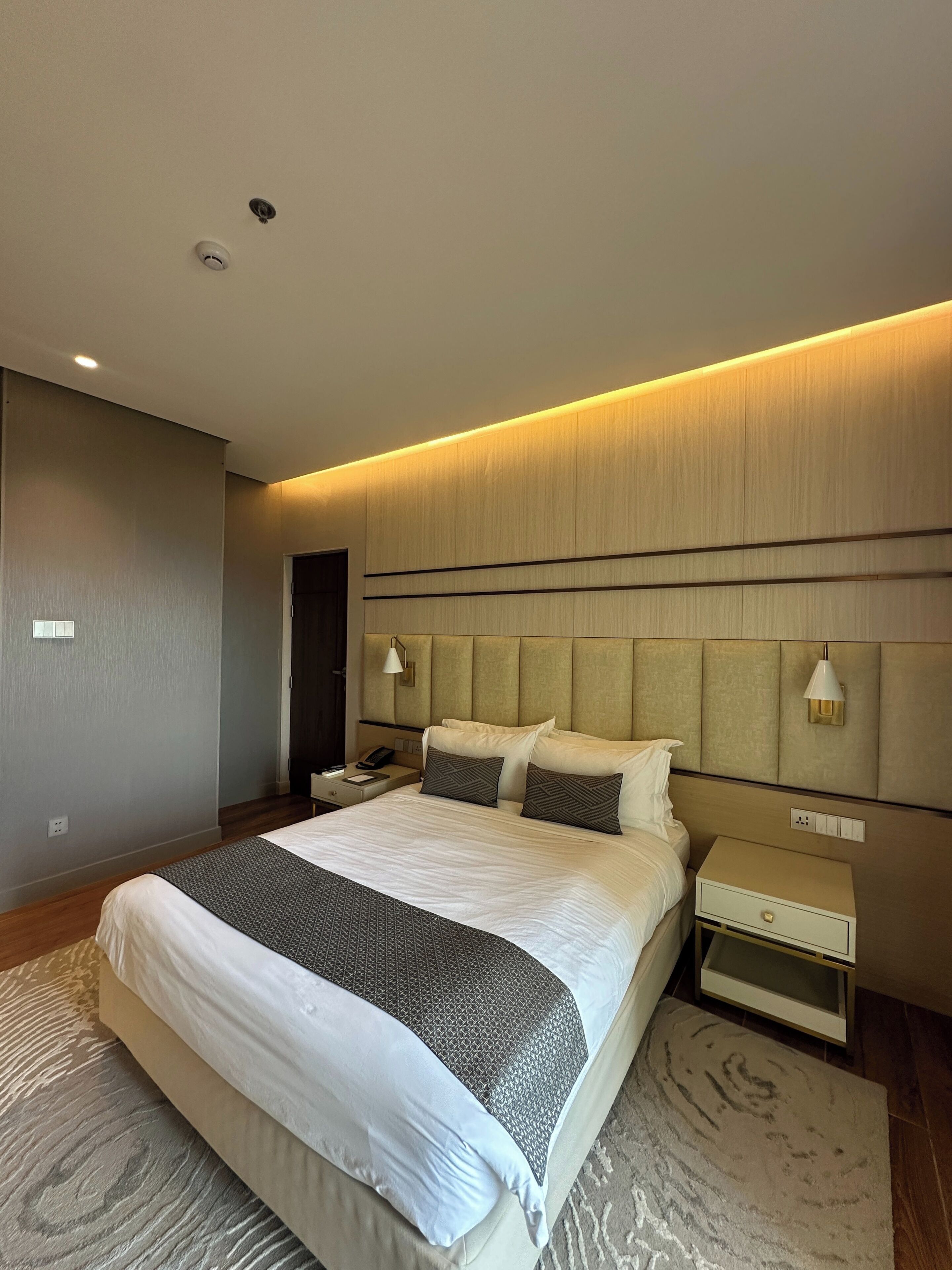 A modern hotel room with a large bed, bedside tables, a nightstand, a wall-mounted lamp, and a ceiling light.