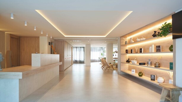 A modern reception area with a wooden reception desk, a seating area with chairs, and a shelving unit with decorative items and plants.