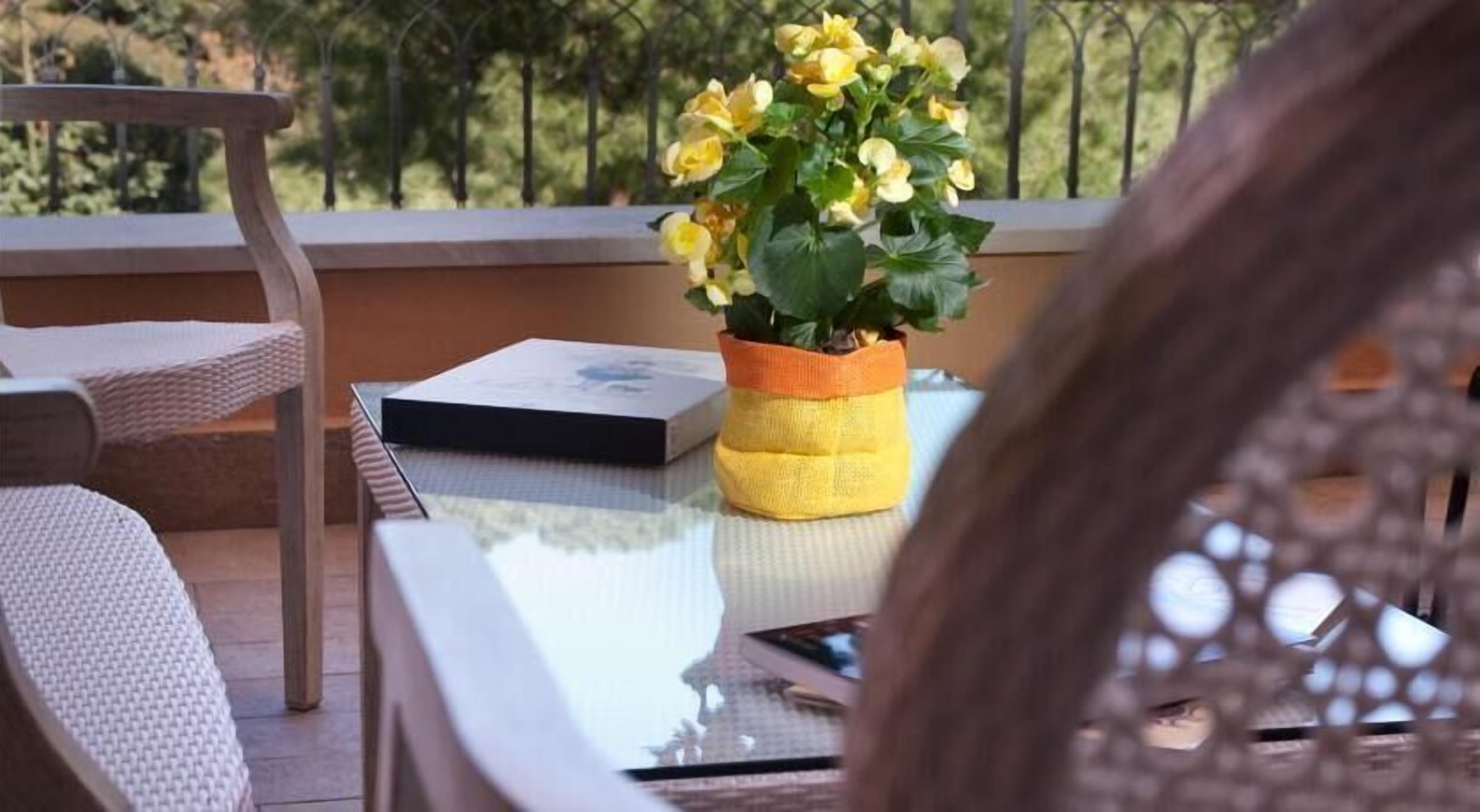 Uma varanda com cadeira, mesa e planta em vaso.