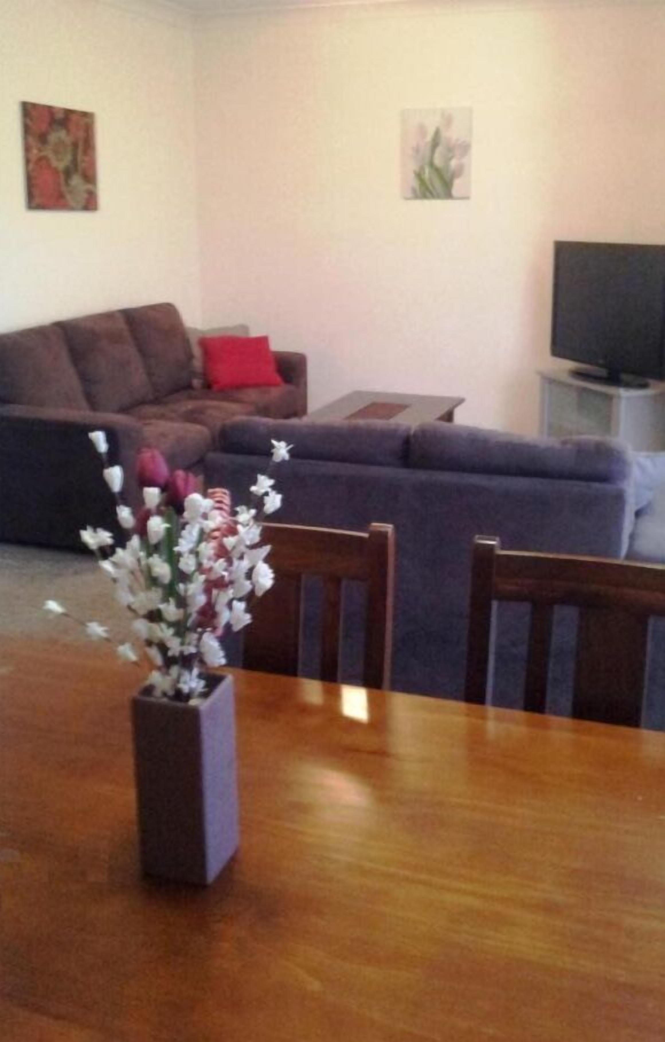 Un salon comprenant une table à manger en bois, deux chaises, un canapé et un téléviseur posé sur un meuble.