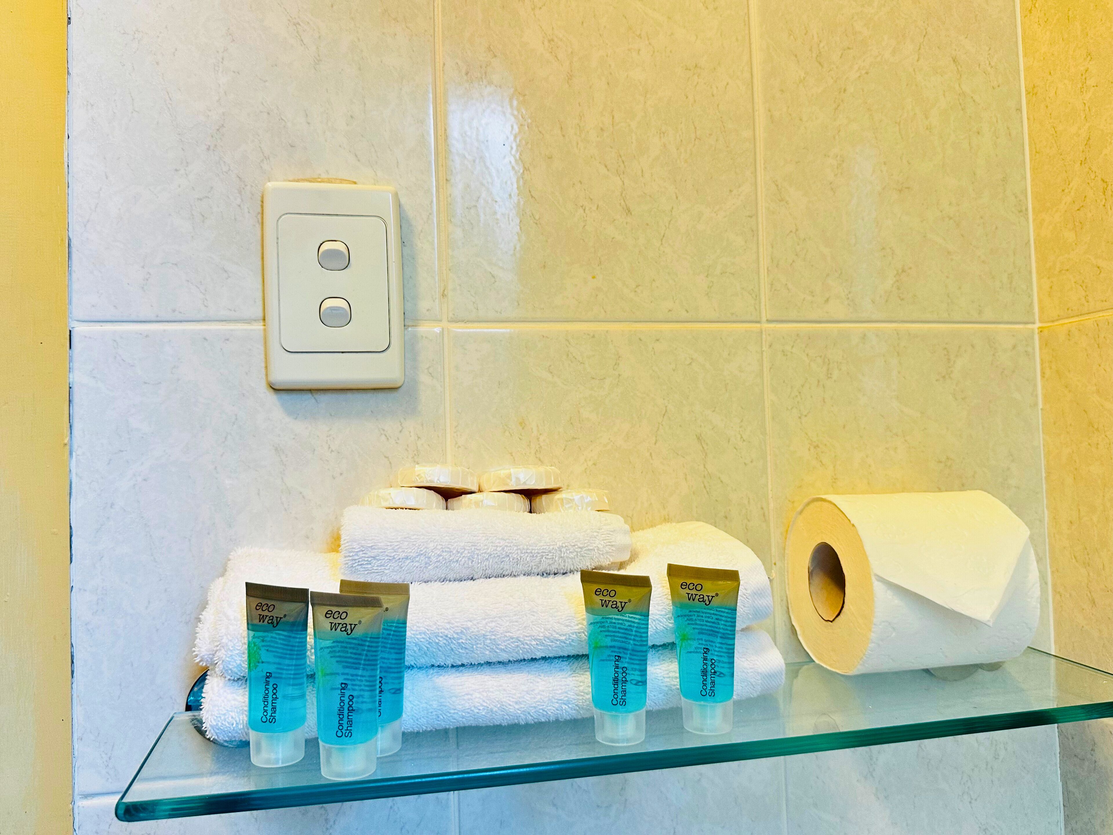 Une salle de bain avec une étagère en verre où sont rangés les articles de toilette, les serviettes et un rouleau de papier toilette.