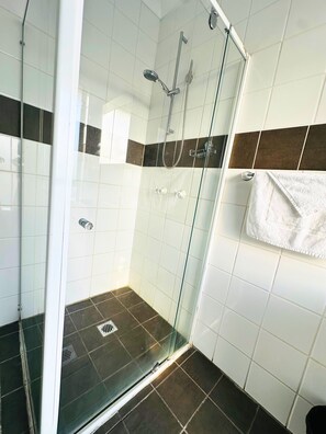 Family Room | Bathroom | Shower, free toiletries, hair dryer, towels
