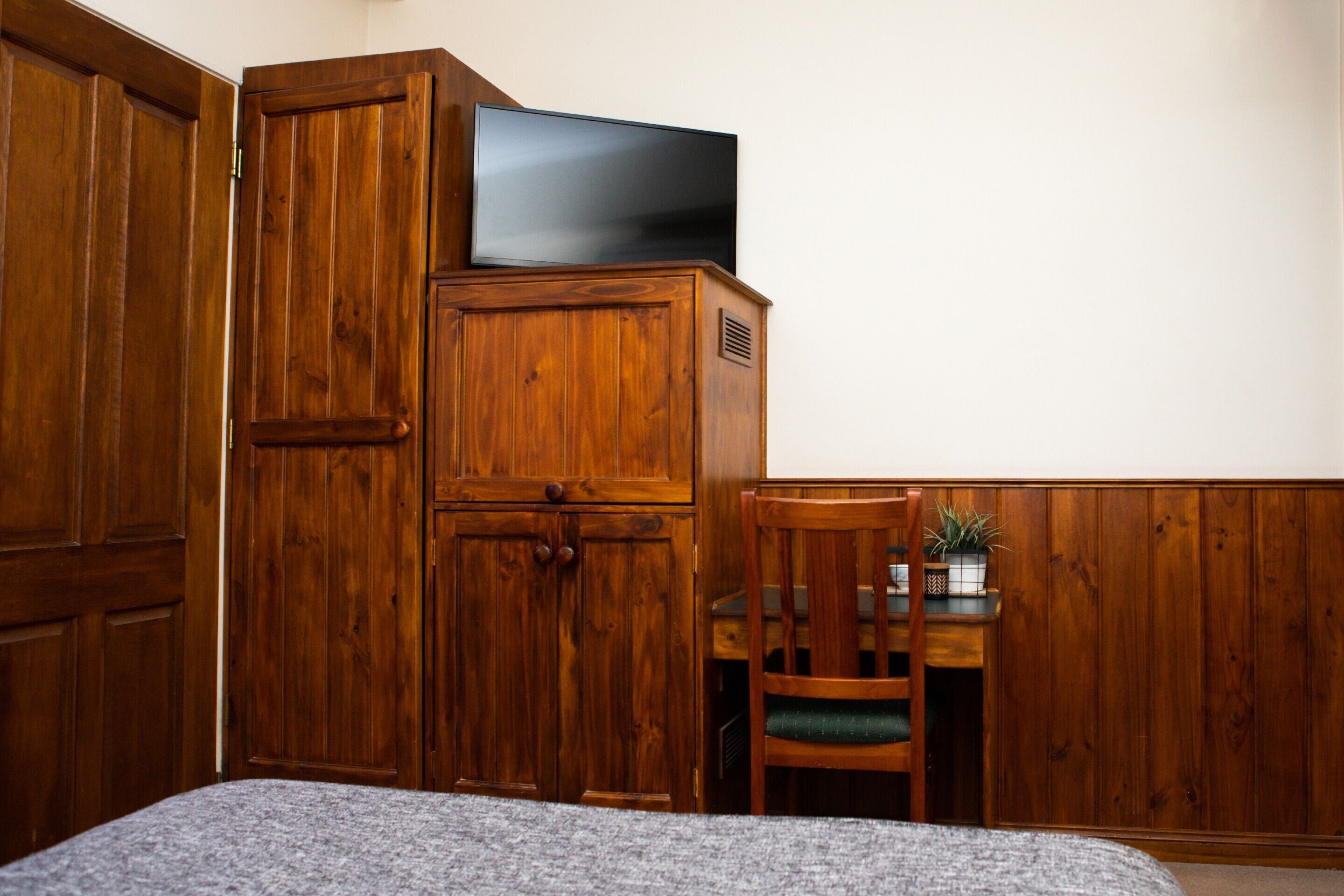 Une pièce en bois avec un lit, un téléviseur posé sur un meuble, une chaise et une petite table sur laquelle se trouve une plante.