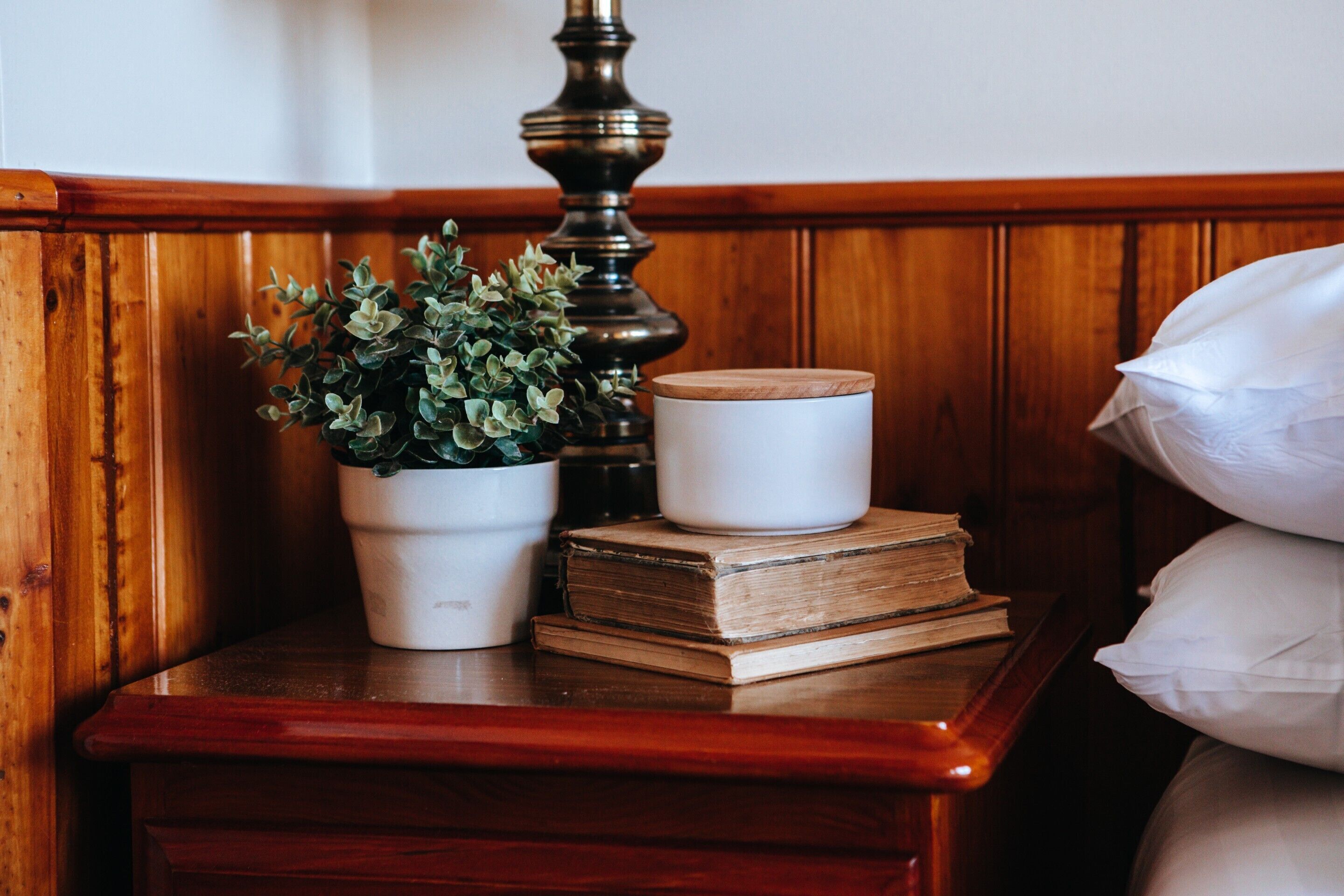 A wooden bedside table with a potted plant, a white container, and a stack of books.