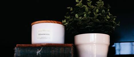 A white candle labeled "CEDARWOOD" on a stack of books, with a potted plant beside it.