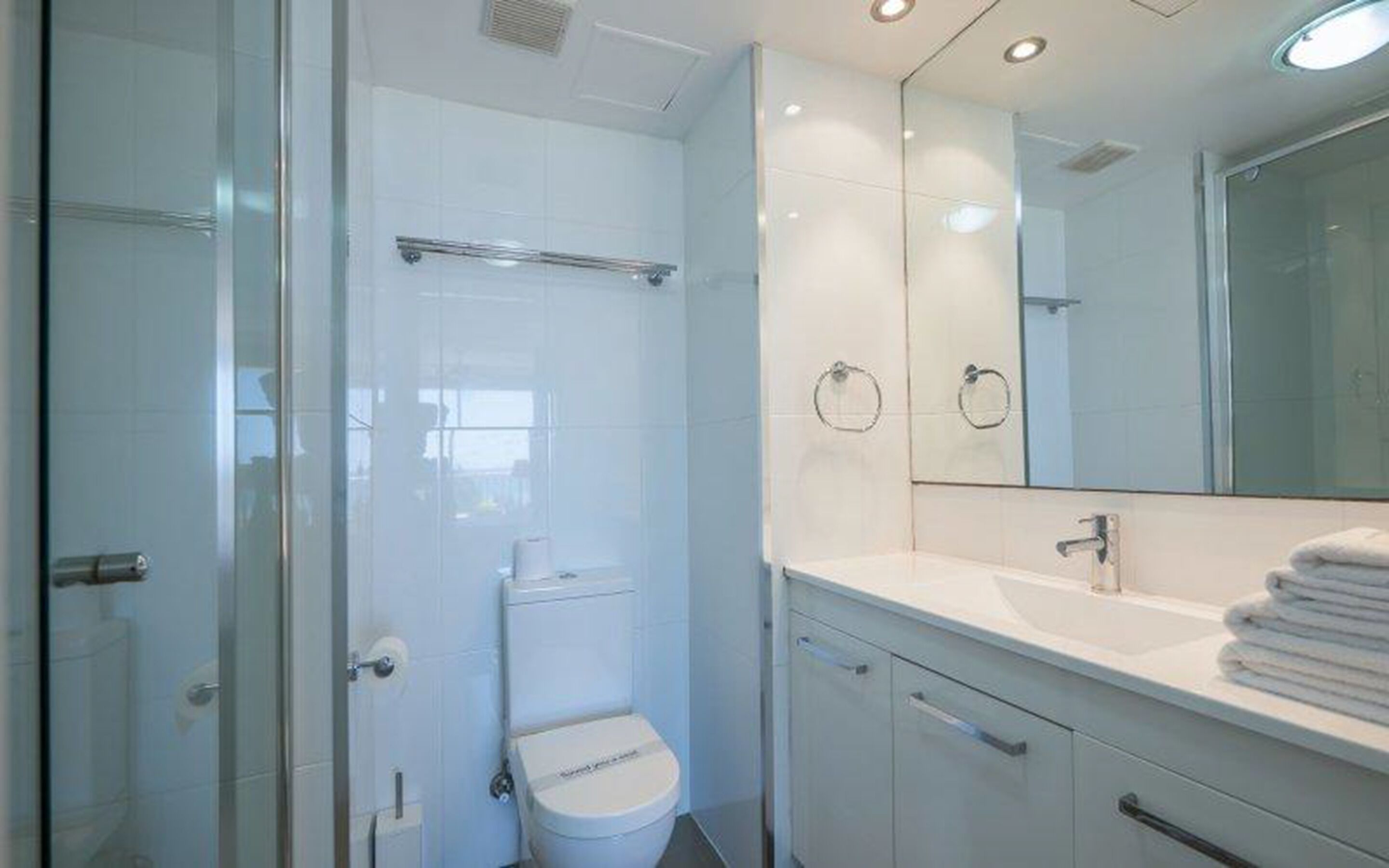 A modern bathroom with a glass shower enclosure, a toilet, a sink with a mirror, and a towel rack.