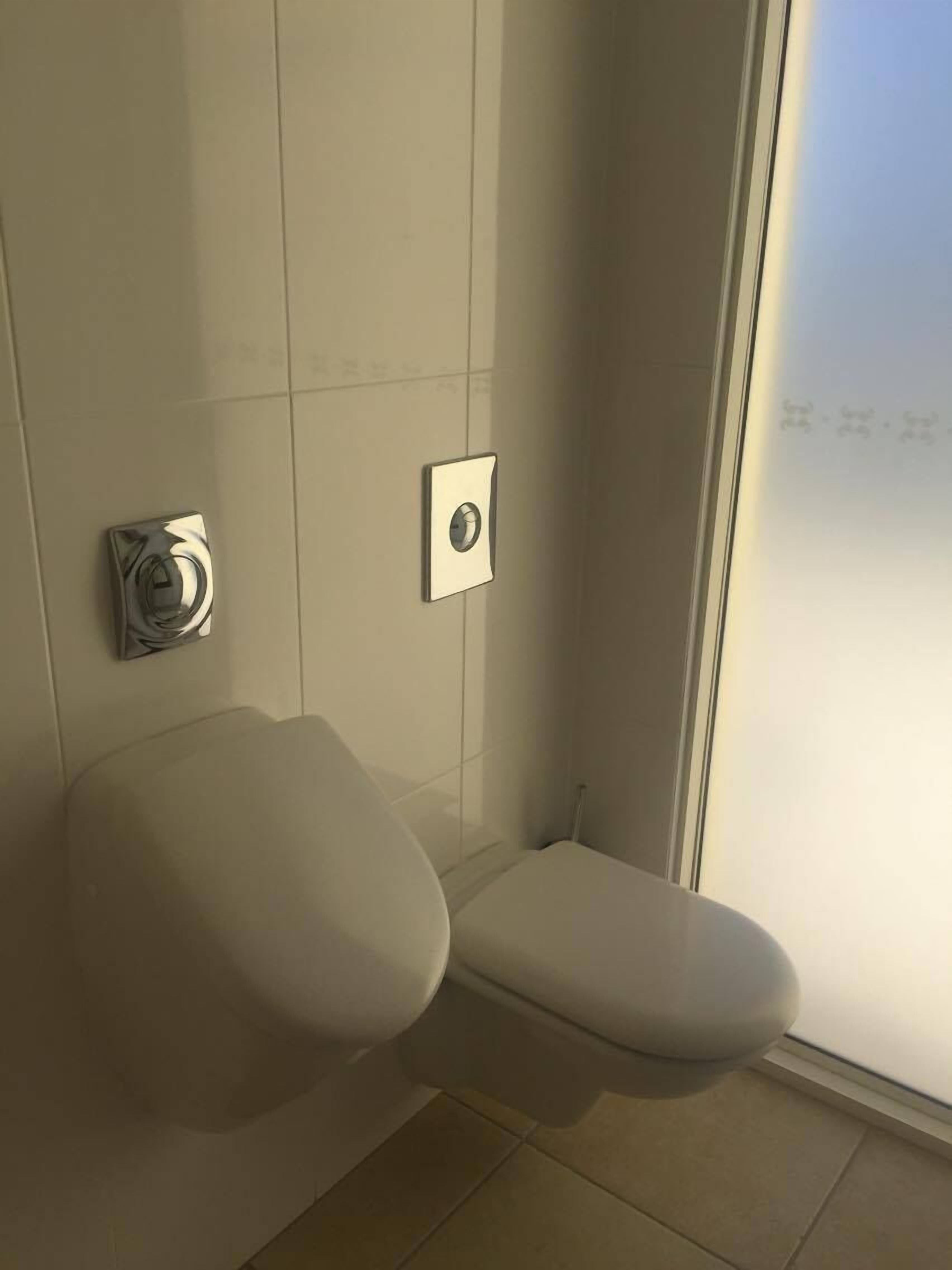 A bathroom with a toilet, a wall-mounted flush handle, and a window.