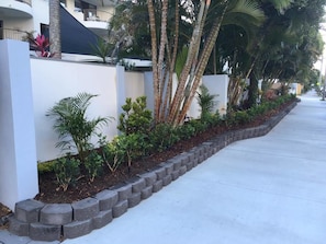 A paved walkway lined with a low stone border, flanked by white walls and various tropical plants. - Scalinada Apartments (Main Beach)