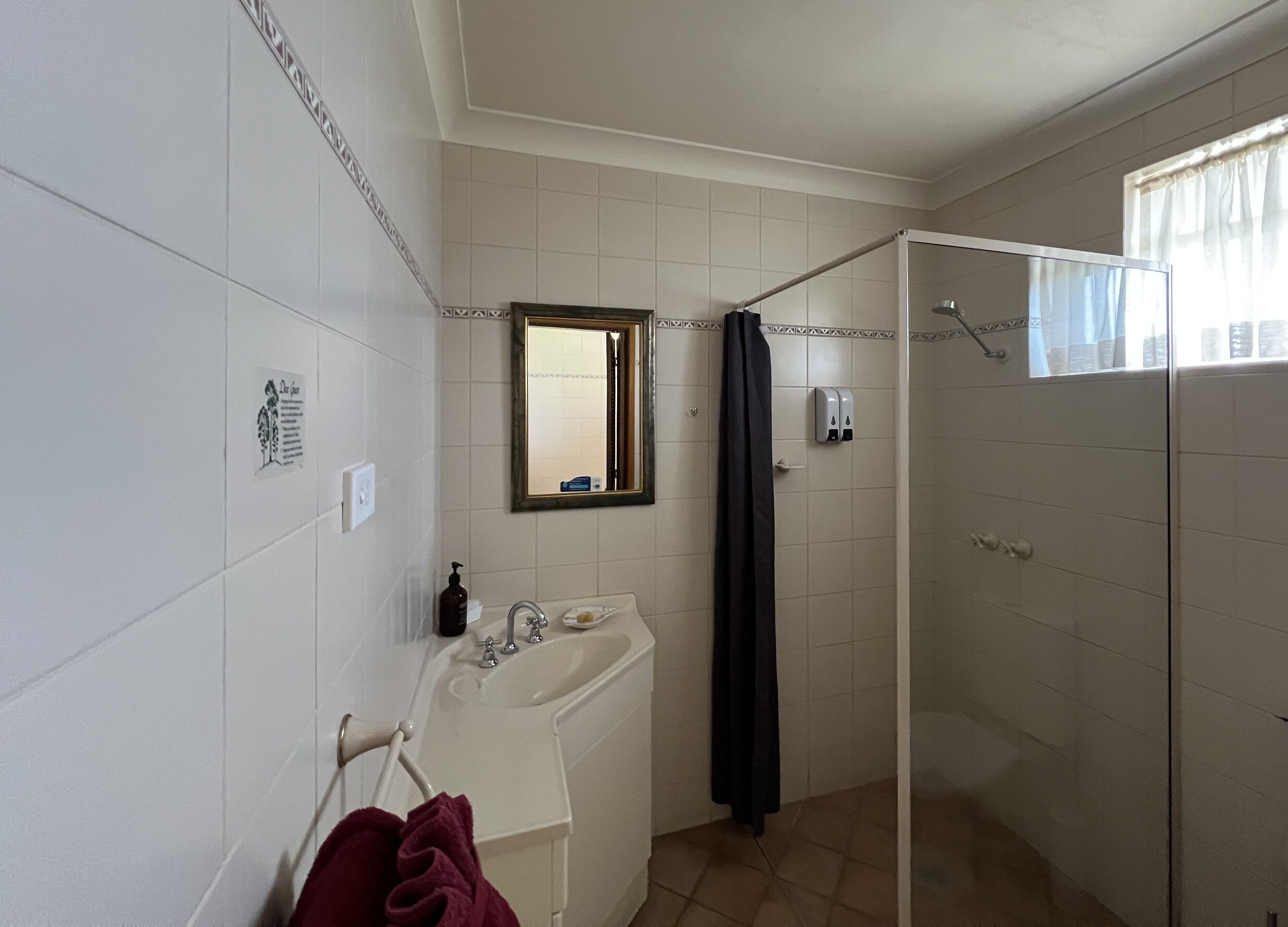 Une salle de bain équipée d’un lavabo, d’un miroir, d’une douche et d’un porte-serviettes.