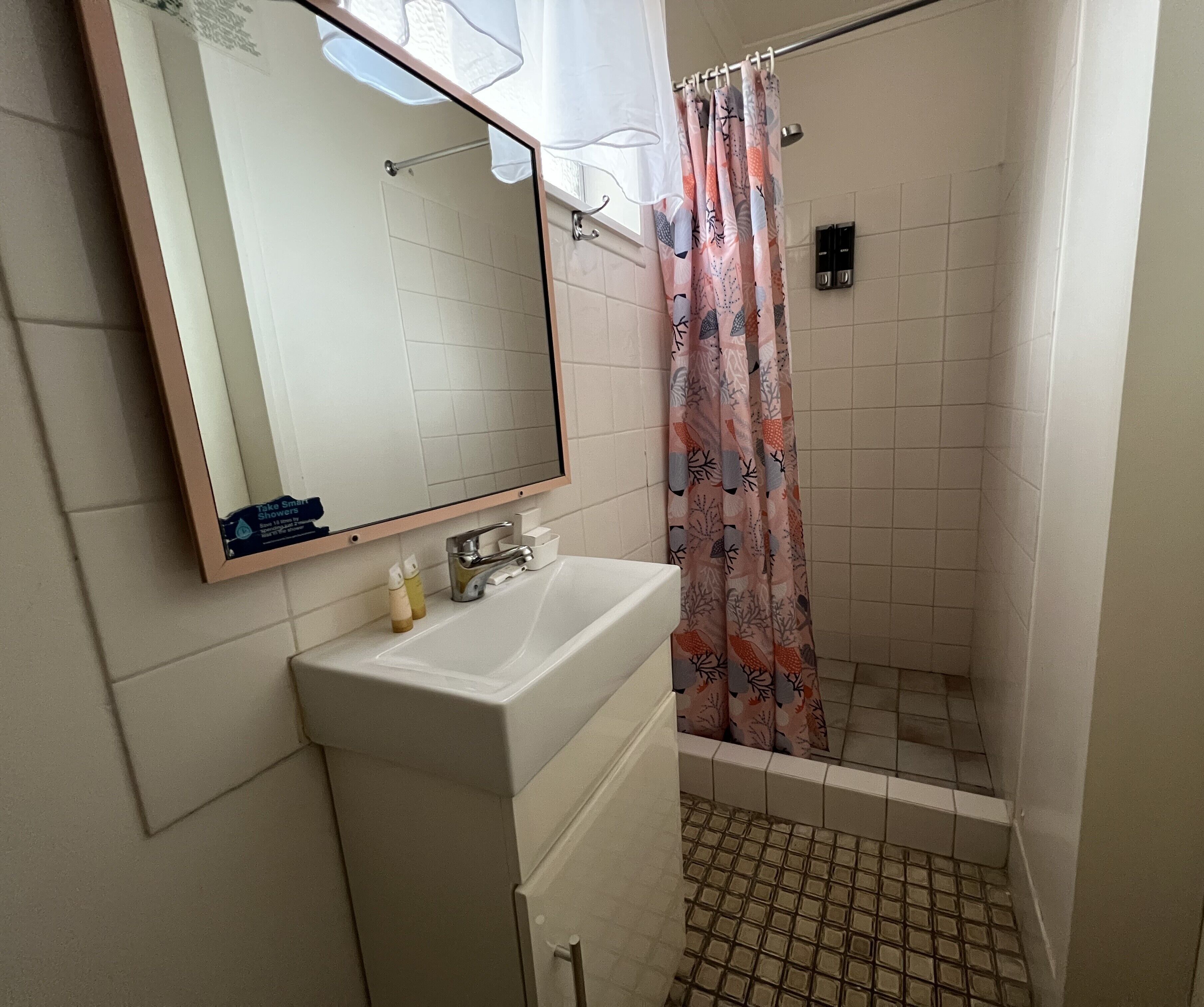 Un baño con lavamanos, espejo y ducha.