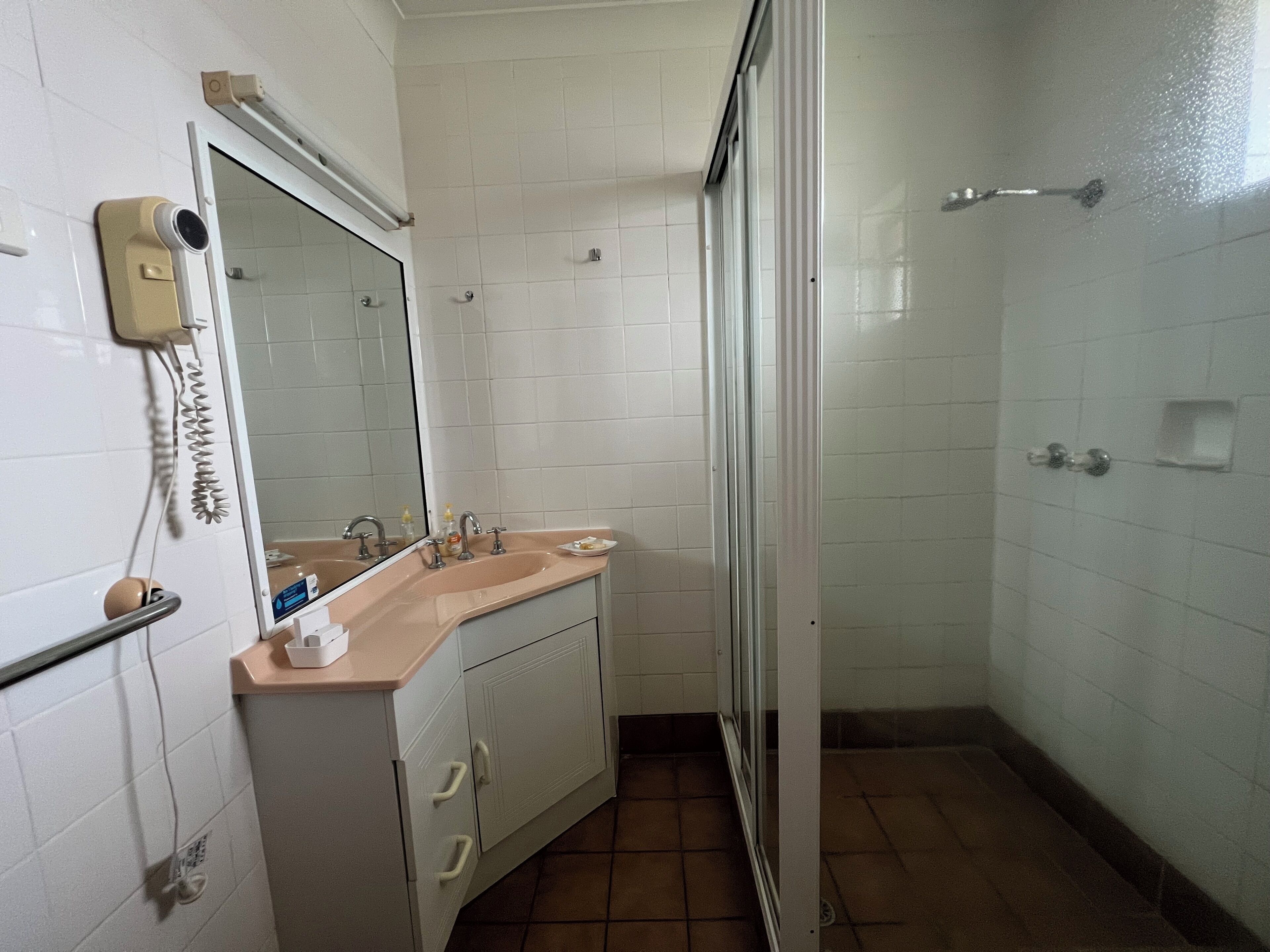 A bathroom with a sink, mirror, and shower.