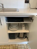 Fridge, microwave, coffee/tea maker, electric kettle