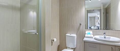 A modern bathroom with a glass shower enclosure, a toilet, a sink, and a mirror.
