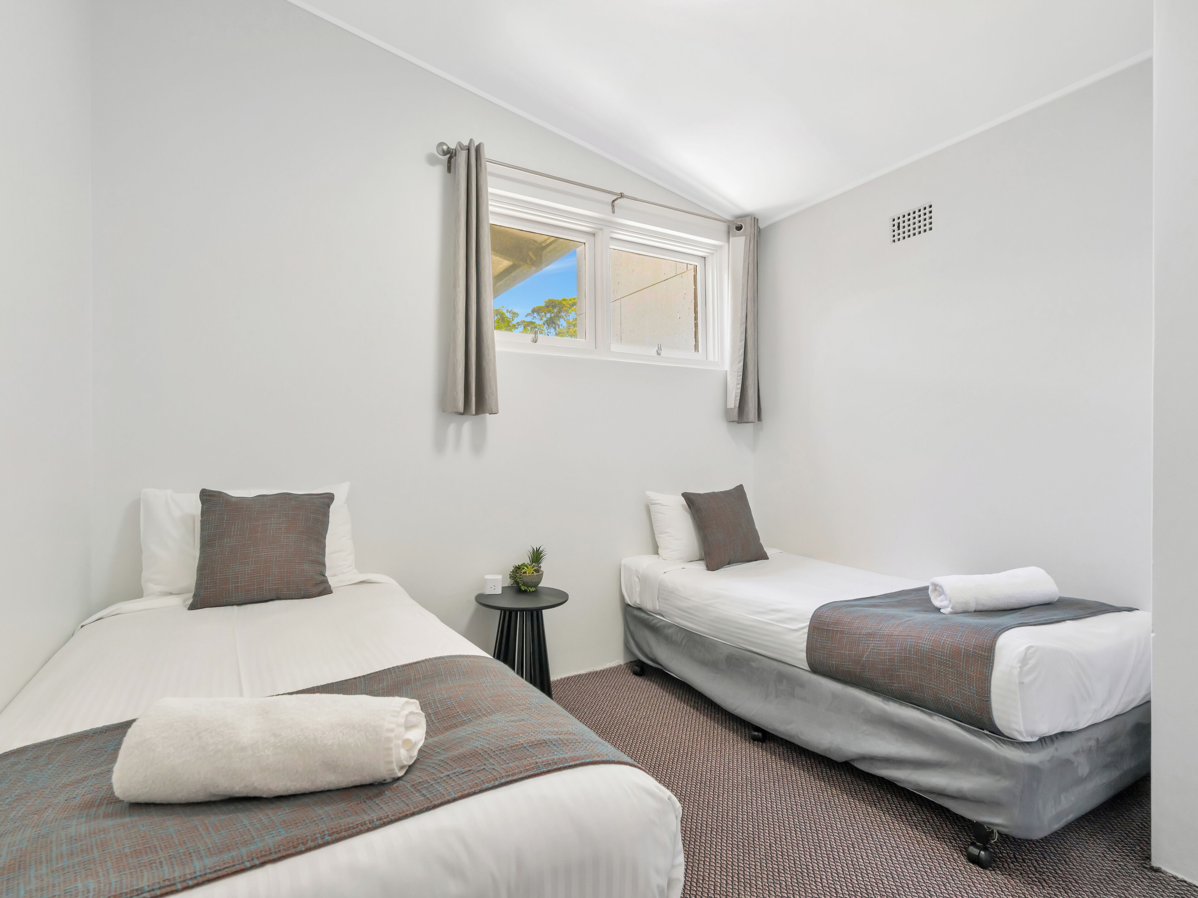 Habitación de hotel con dos camas individuales, una mesita, una planta en maceta y una ventana con cortinas.