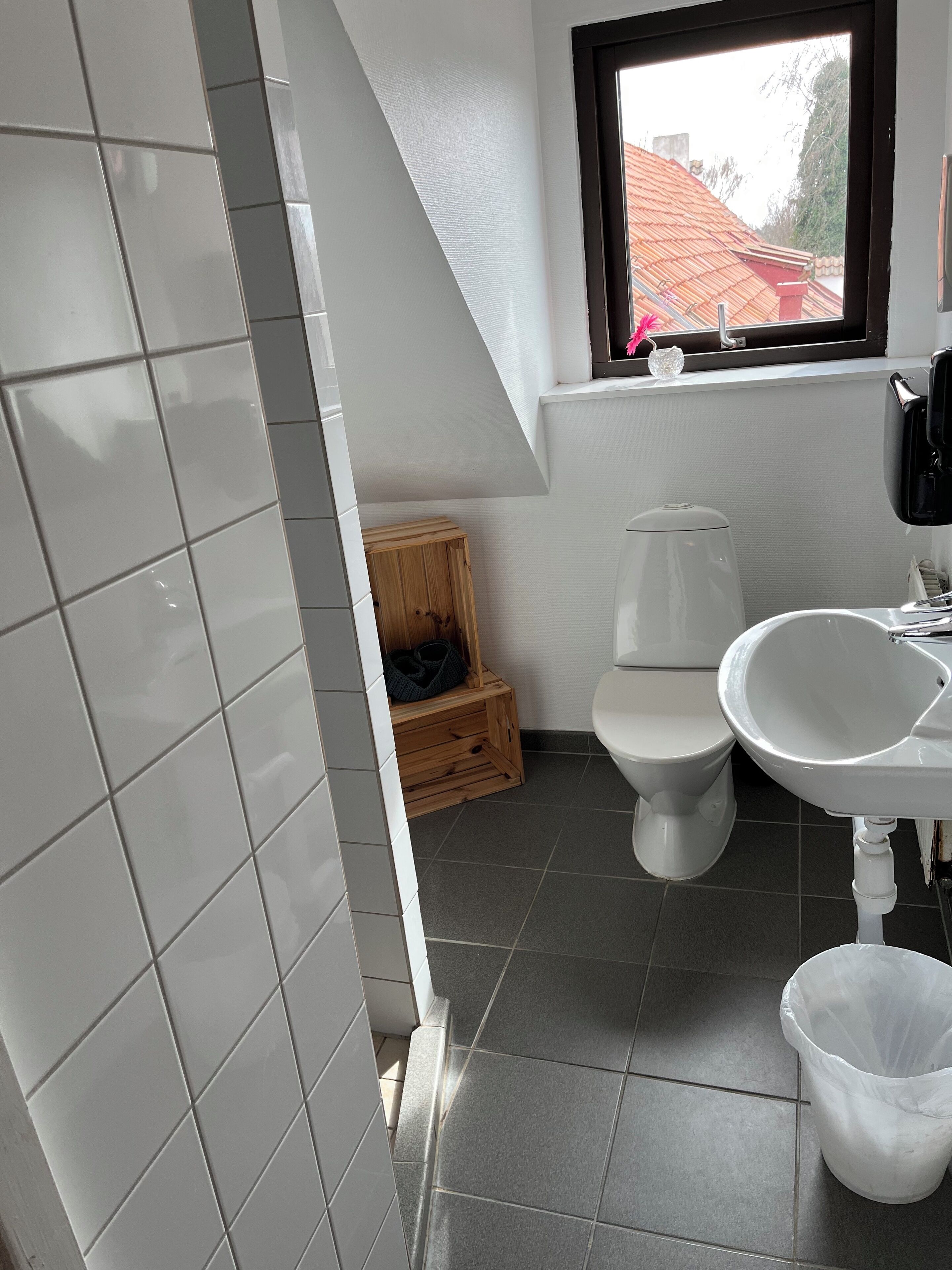 A bathroom with a toilet, sink, and a window with a view of a red-roofed building.