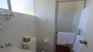Un baño con inodoro, lavabo y ducha. Hay toallas colgadas en la pared y una puerta de ducha de cristal.