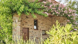 Un edificio de piedra con puerta y ventanas de madera, rodeado de follaje y flores rosadas.