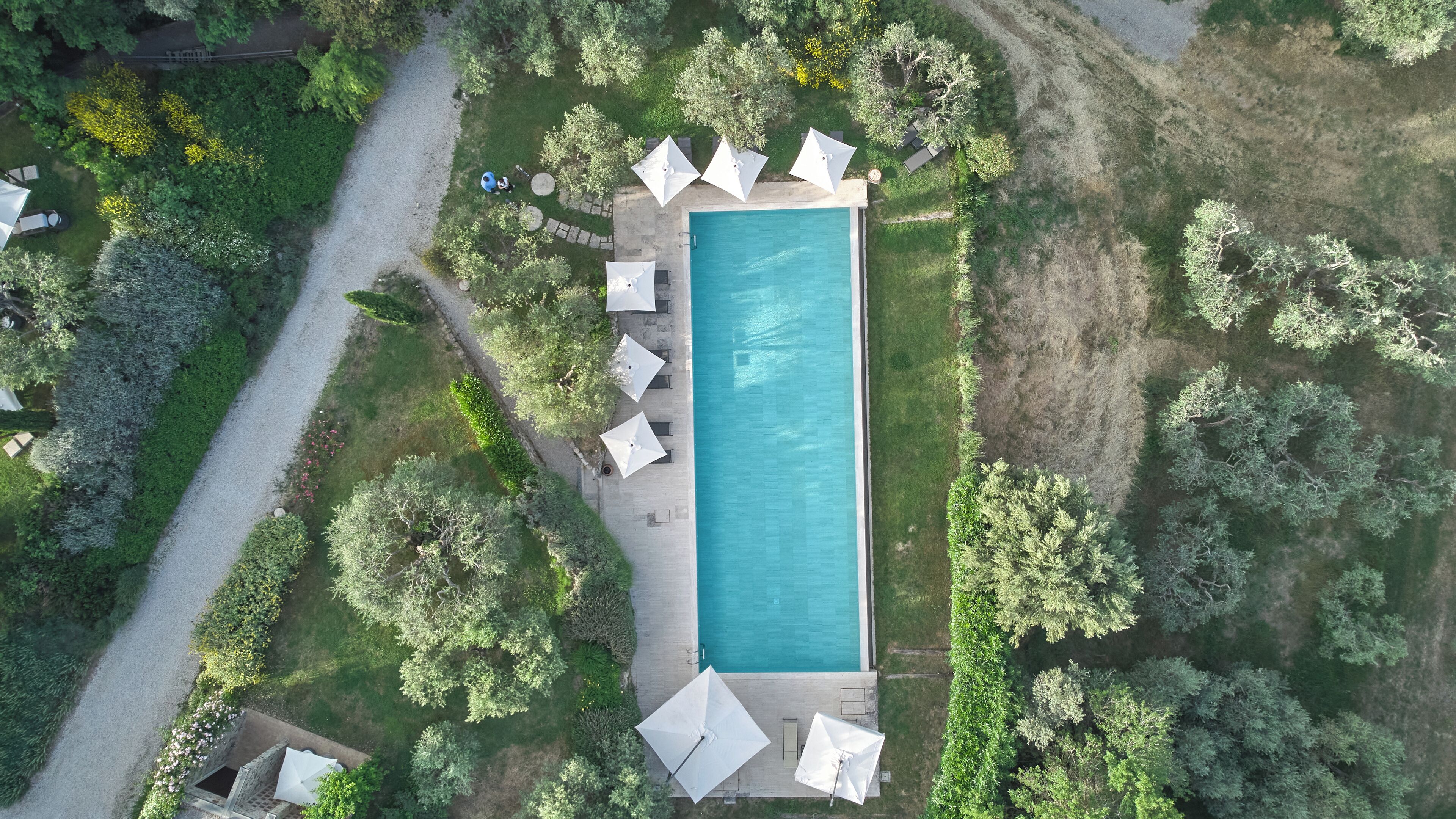 Vista aérea de una piscina rectangular rodeada por un jardín con árboles y un sendero de grava.