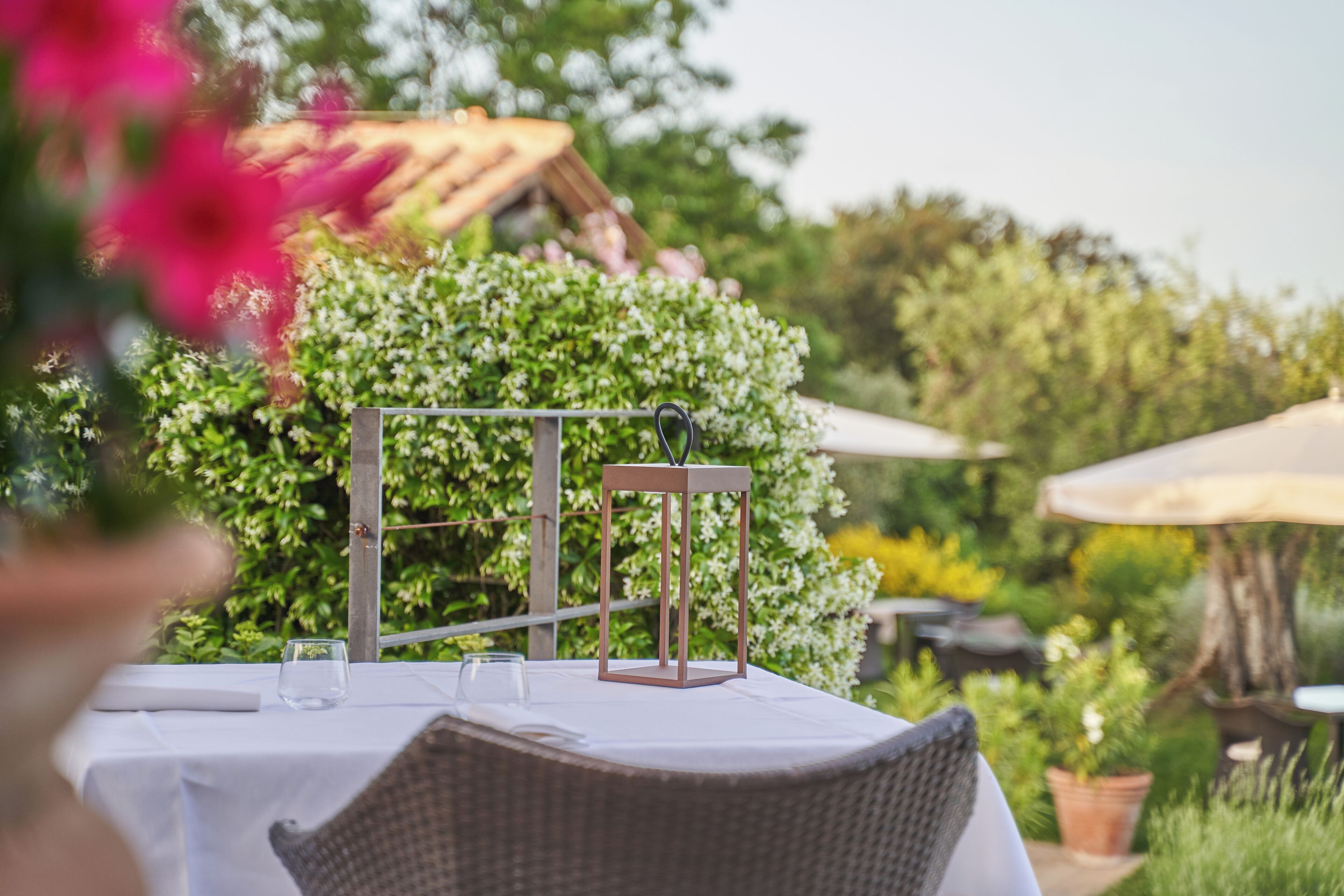 Een terras met een eettafel gedekt voor twee personen, omringd door weelderige beplanting en een pergola.