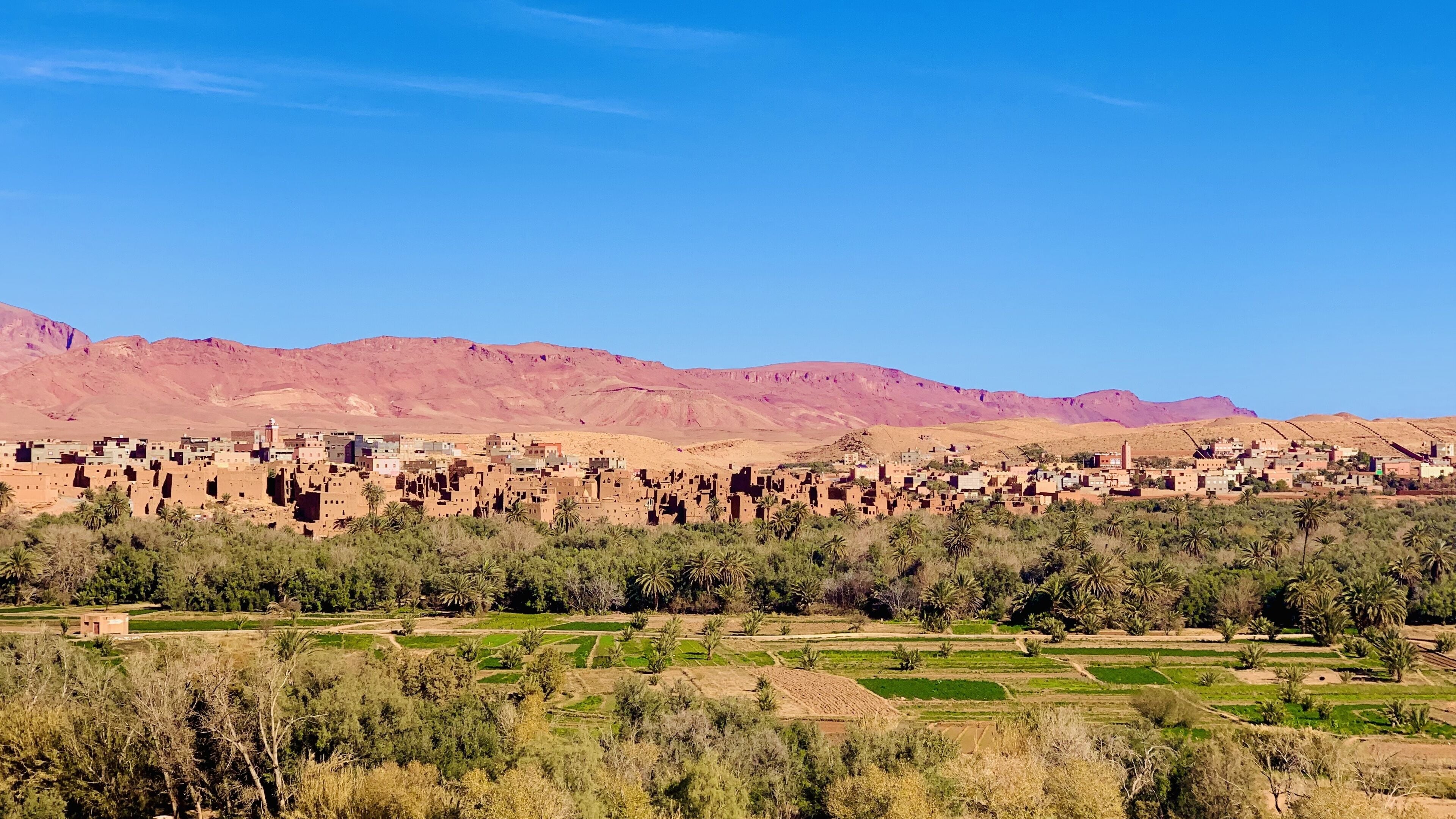 A rural village with traditional mud-brick houses, terraced fields, and mountains in the background.