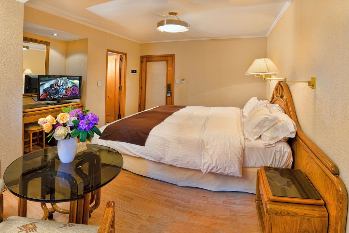 A hotel room with a bed, a TV, a desk with a chair, a vase with flowers, and a lamp.