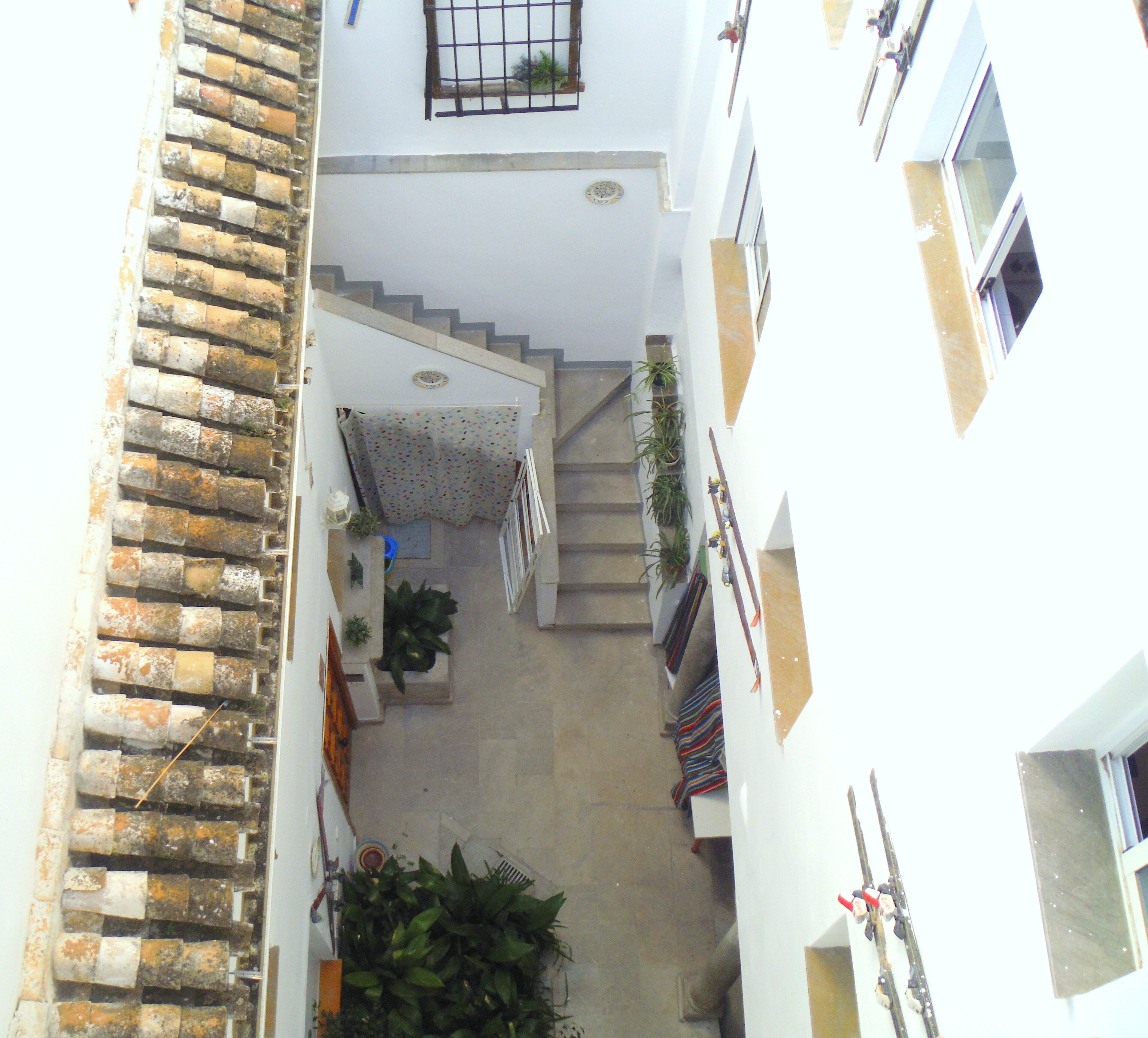 A narrow, enclosed stairway with a tiled roof, leading to a landing with a small garden area and potted plants.
