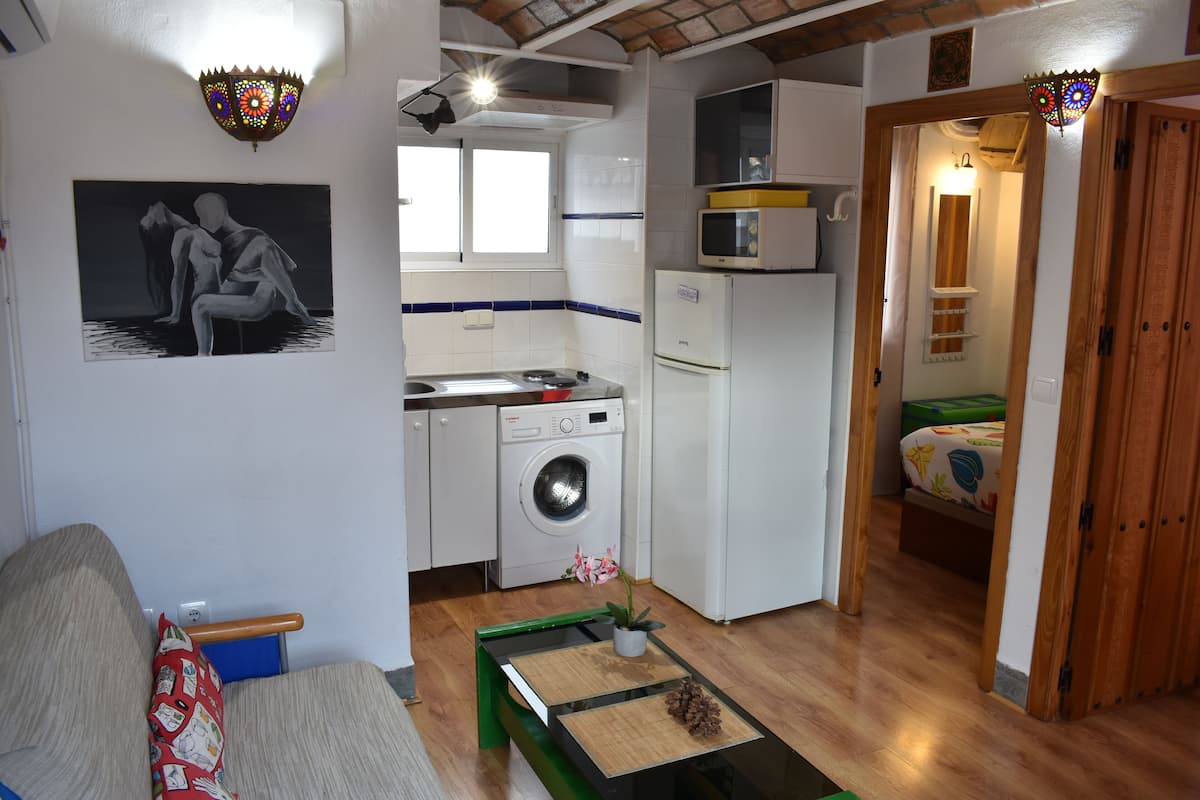 A compact living space with a sofa, a small dining table with a pine cone centerpiece, a washing machine, a microwave, and a bed with a colorful bedspread.