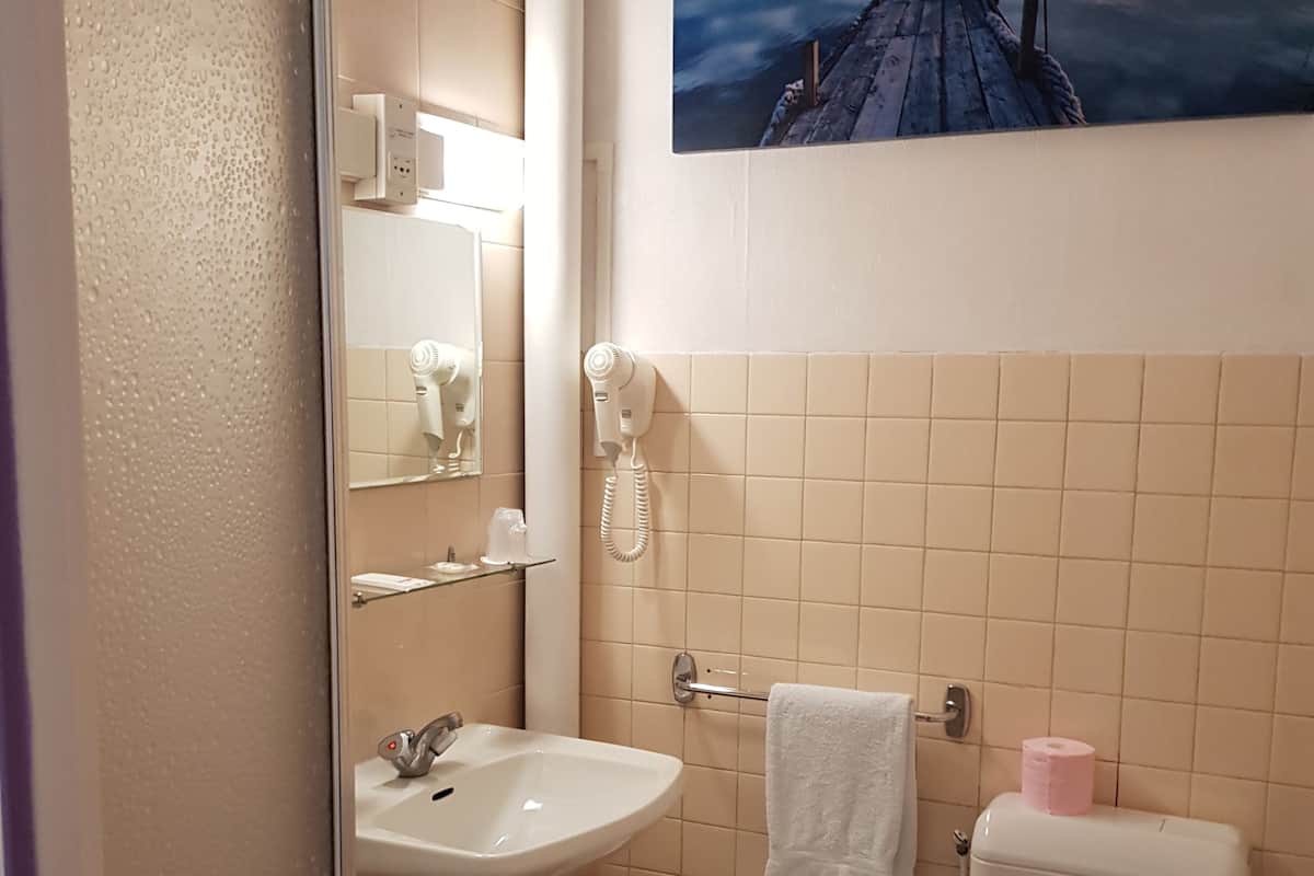 A bathroom with a white sink, mirror, and toilet. There is a painting of a dock and birds on the wall.