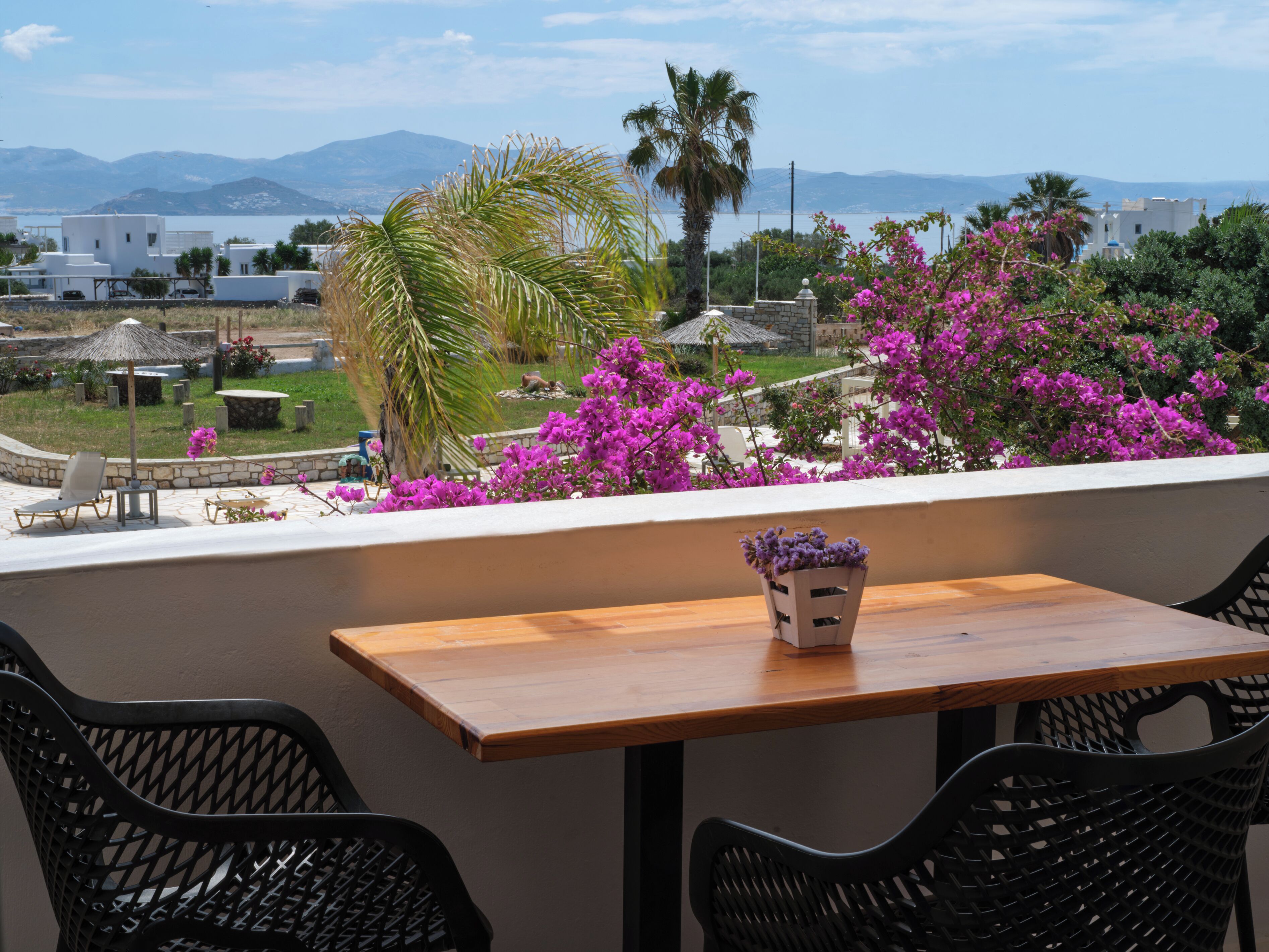 Eine Terrasse mit einem Holztisch und schwarzen Stühlen, mit Blick auf einen Garten mit violetten Blumen und Palmen, im Hintergrund Gebäude und Berge.
