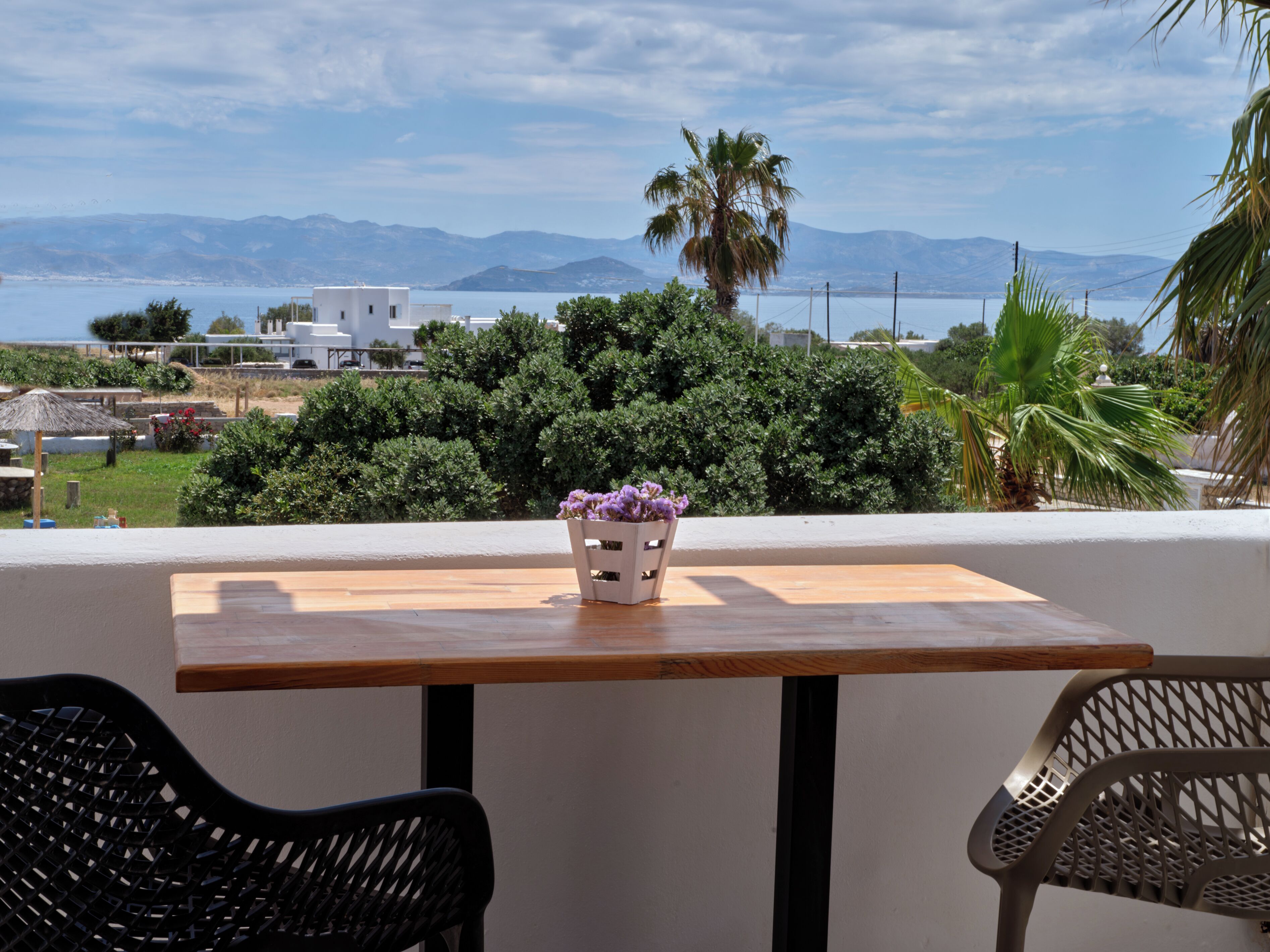 Un balcón con una mesa de madera y dos sillas, una planta en maceta con flores púrpuras, y vistas a una cadena montañosa y un cuerpo de agua.