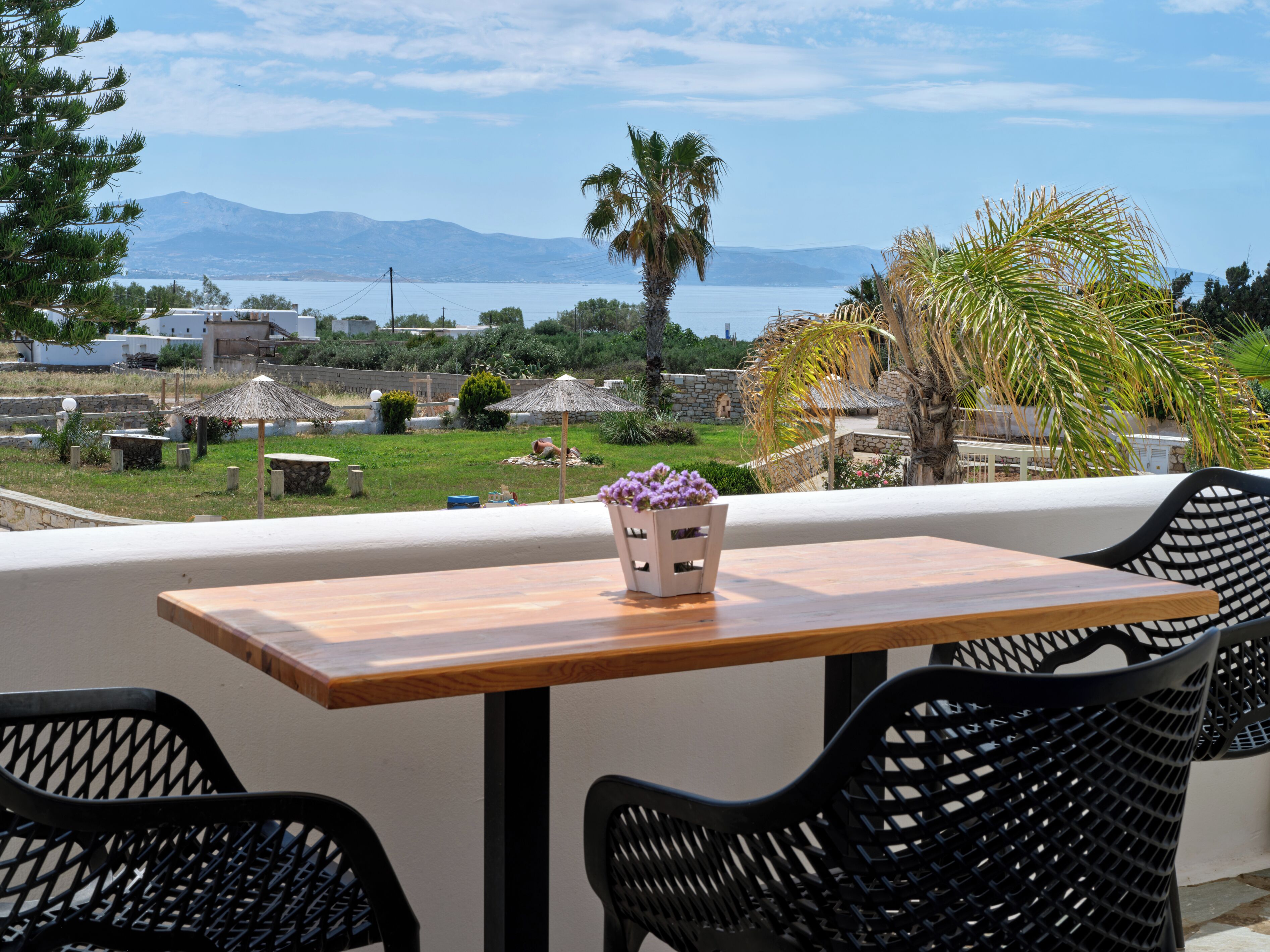 A wooden table with two black chairs, a vase with purple flowers, and a view of a coastal landscape with mountains and palm trees.